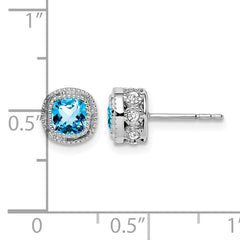 10k White Gold Cushion Blue Topaz and Diamond Earrings