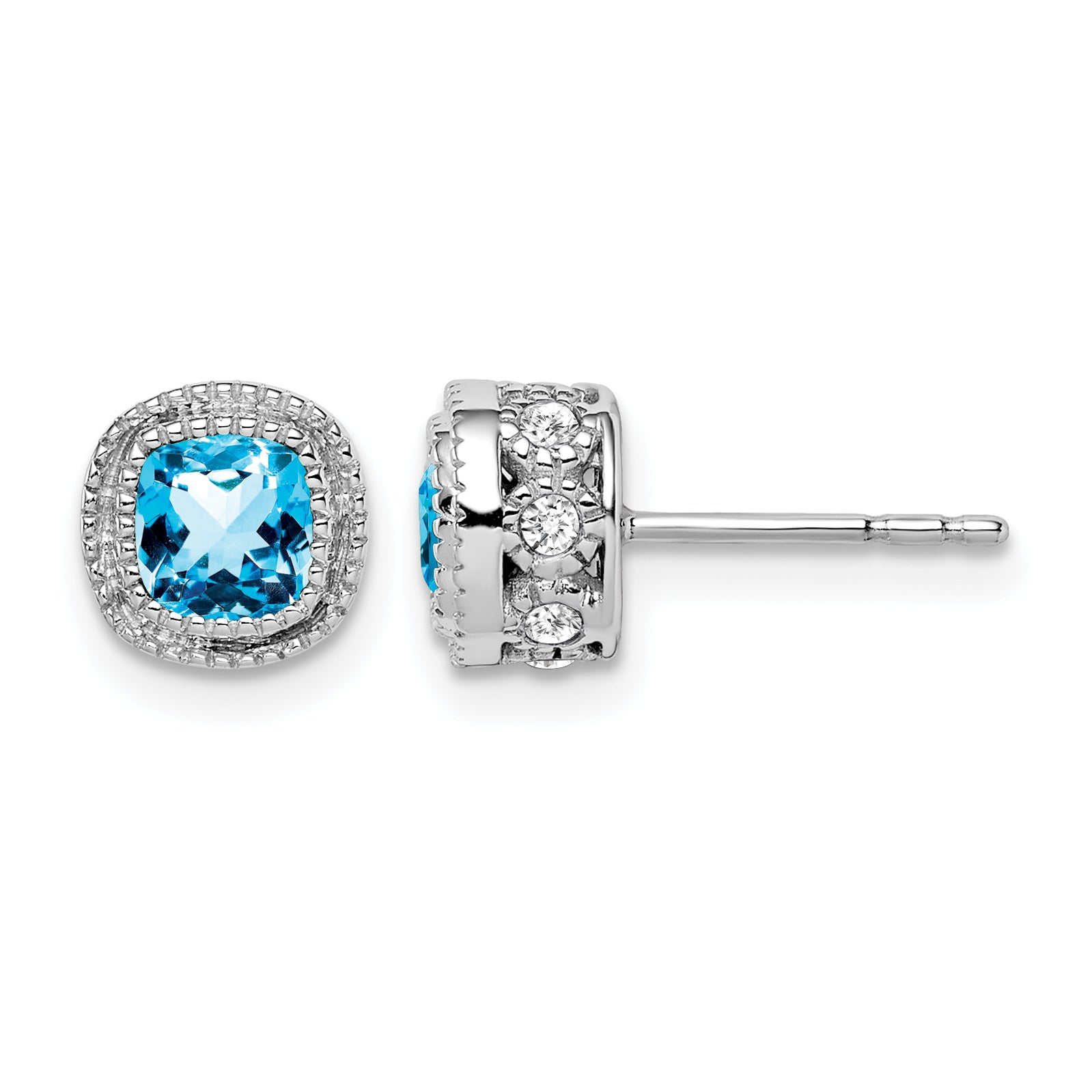 10k White Gold Cushion Blue Topaz and Diamond Earrings