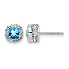 10k White Gold Cushion Blue Topaz and Diamond Earrings