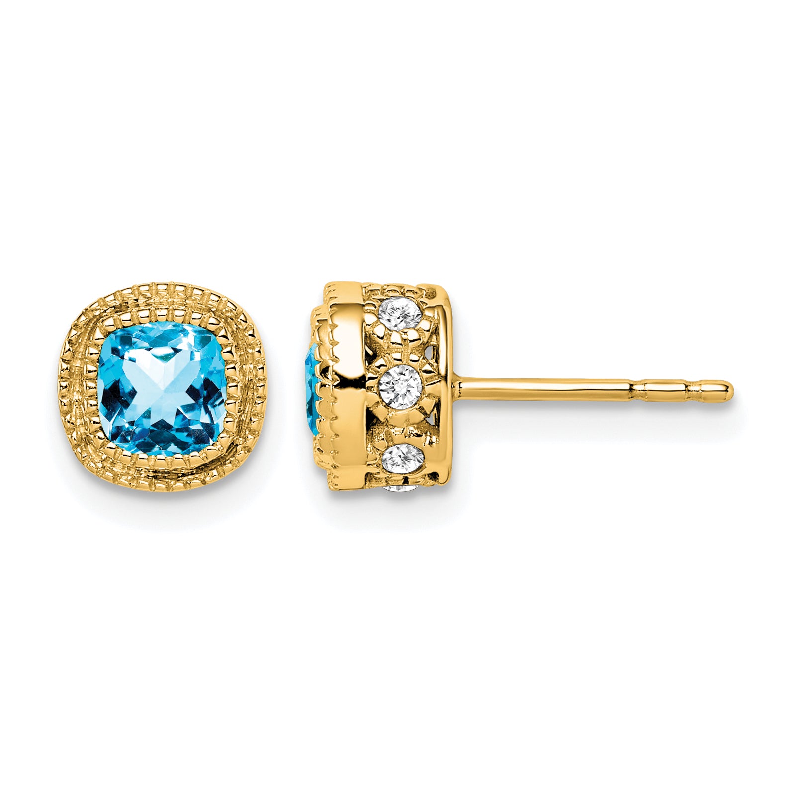 10k Cushion Blue Topaz and Diamond Earrings
