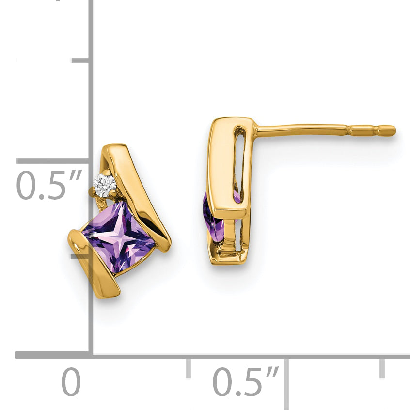 10k Yellow Gold Cushion Amethyst and Diamond Earrings