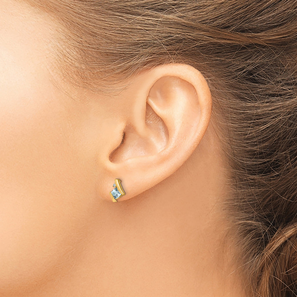 10k Yellow Gold Cushion Aquamarine and Diamond Earrings