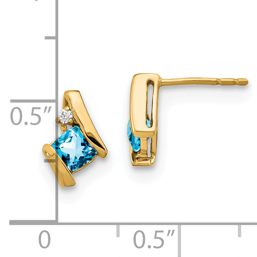 10k Yellow Gold Cushion Blue Topaz and Diamond Earrings