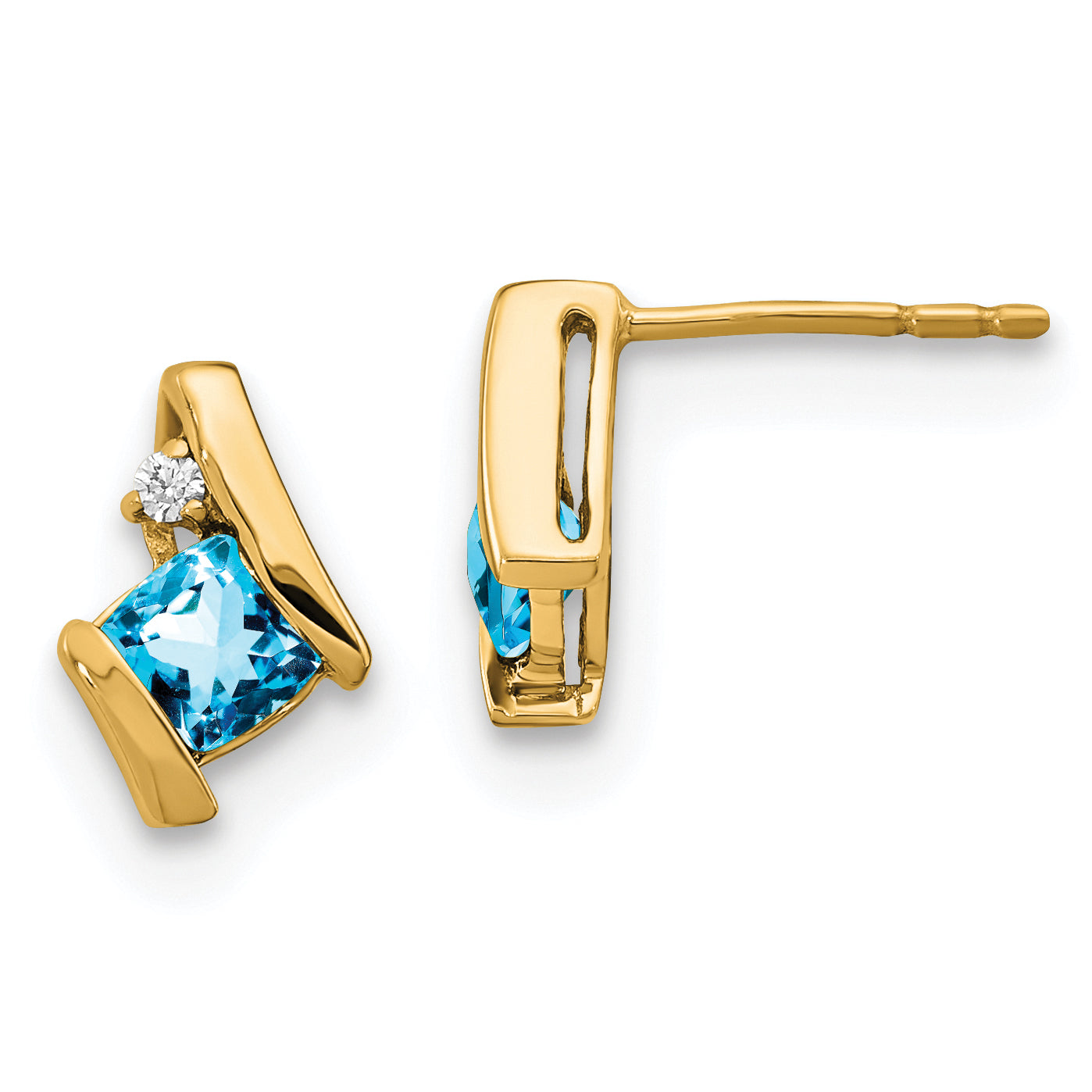 10k Yellow Gold Cushion Blue Topaz and Diamond Earrings Main image