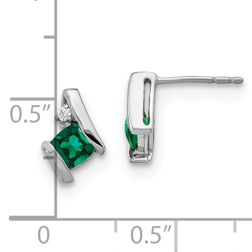 10k White Gold Cushion Cr. Emerald and Diamond Earrings