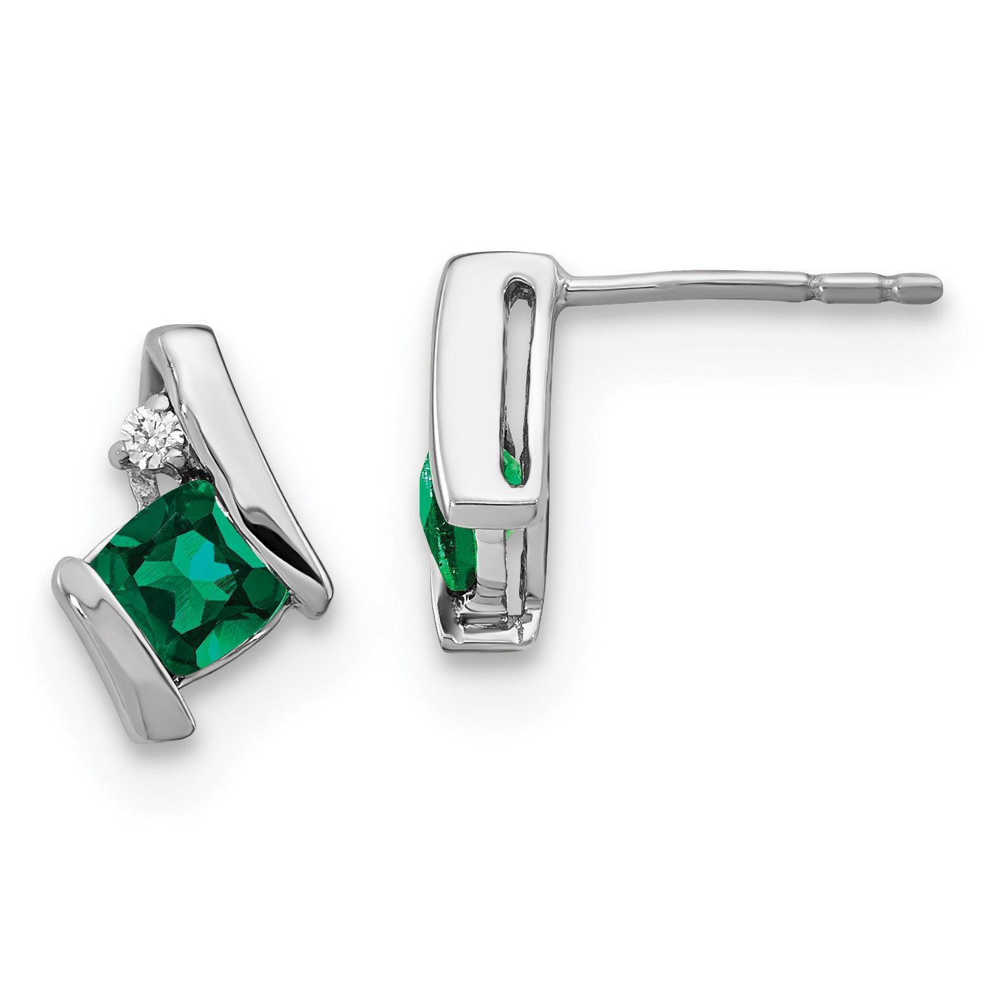 10k White Gold Cushion Cr. Emerald and Diamond Earrings