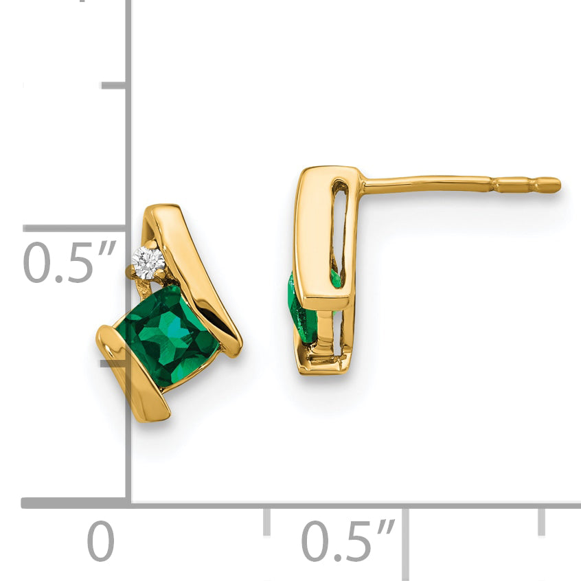 10k Yellow Gold Cushion Cr. Emerald and Diamond Earrings