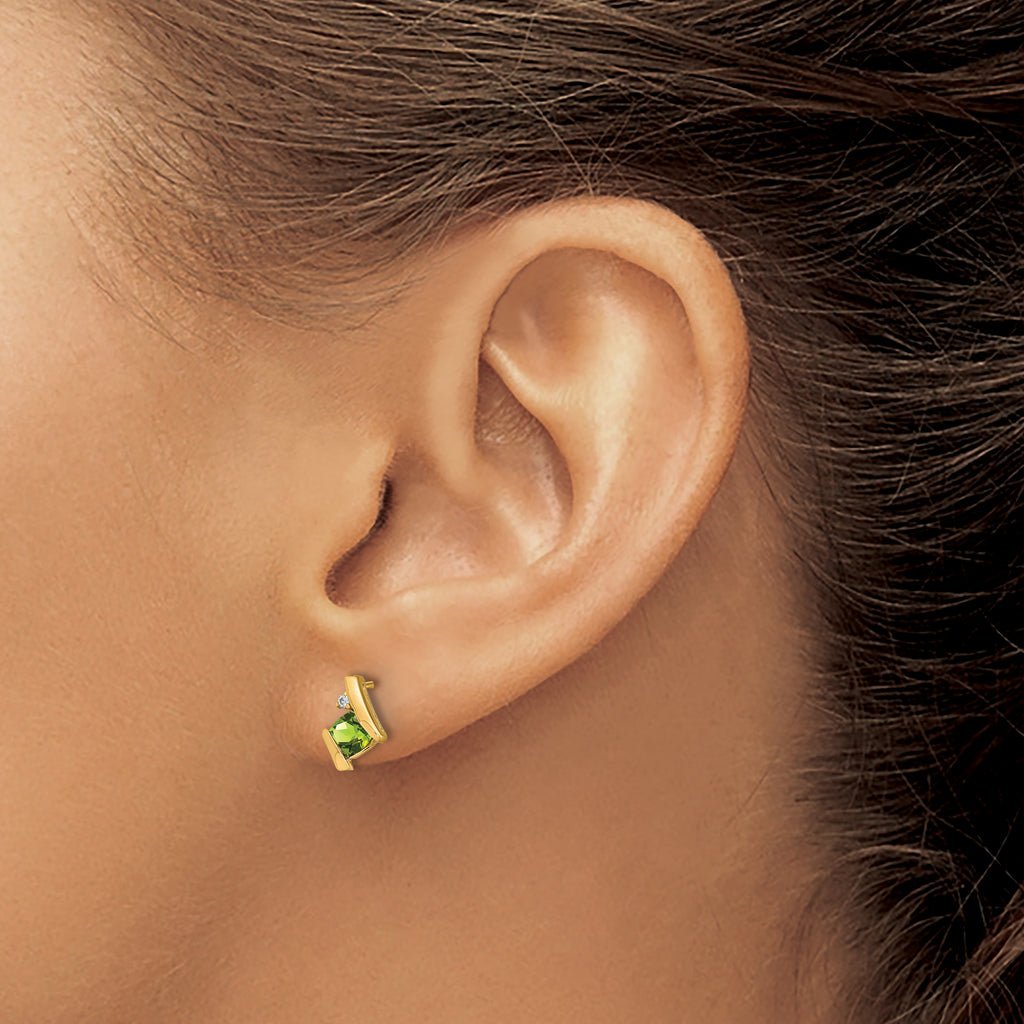 10k Yellow Gold Cushion Peridot and Diamond Earrings