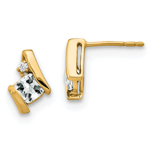 Cushion White Topaz & Diamond Stud Earrings in 10K Yellow Gold (0.03 ct. tw.) - Sophia Jewelers
