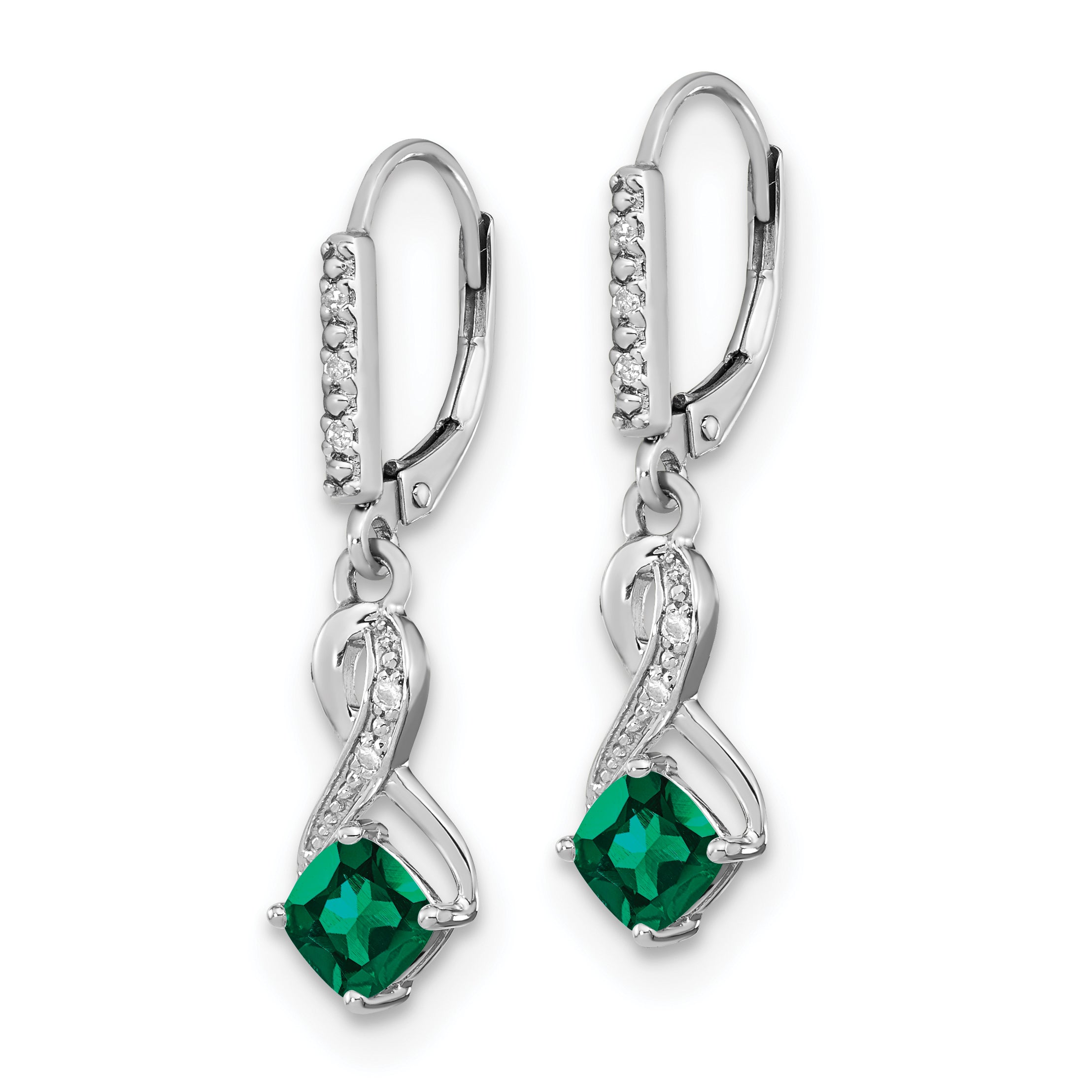 Sterling Silver Rhodium-plated Created Emerald and Diamond Earrings Secondary image