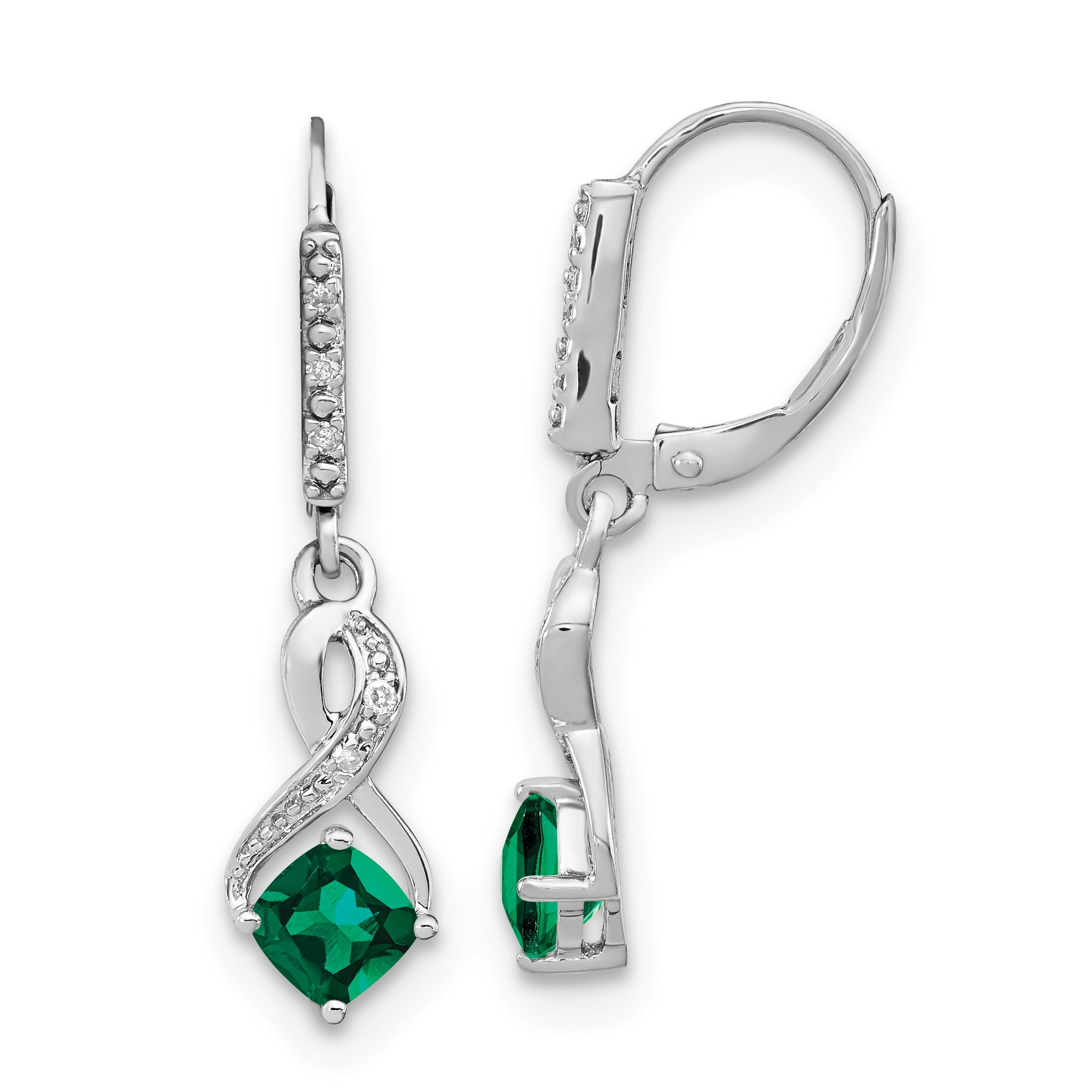 Sterling Silver Rhodium-plated Created Emerald and Diamond Earrings Main image