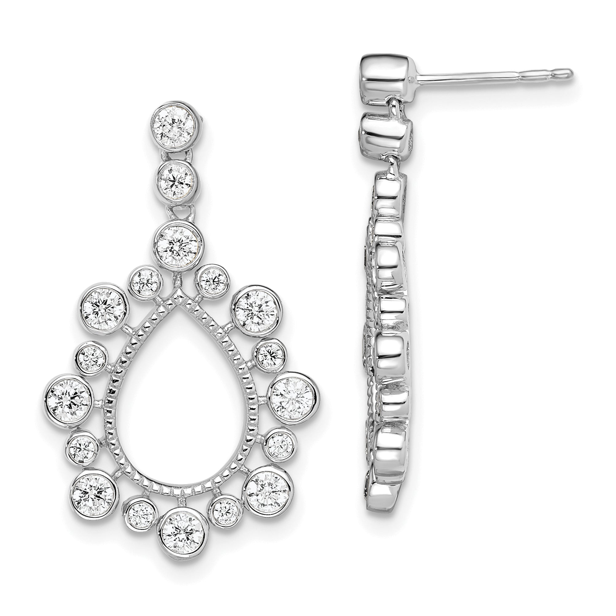14k White Gold 1 1/8 carat Lab Grown Diamond VS/SI+ G+ Teardrop Bezel Post Dangle Earrings