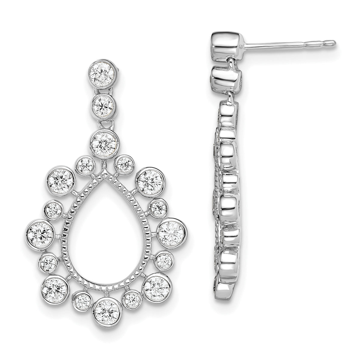 14k White Gold 1 1/8 carat Lab Grown Diamond VS/SI+ G+ Teardrop Bezel Post Dangle Earrings