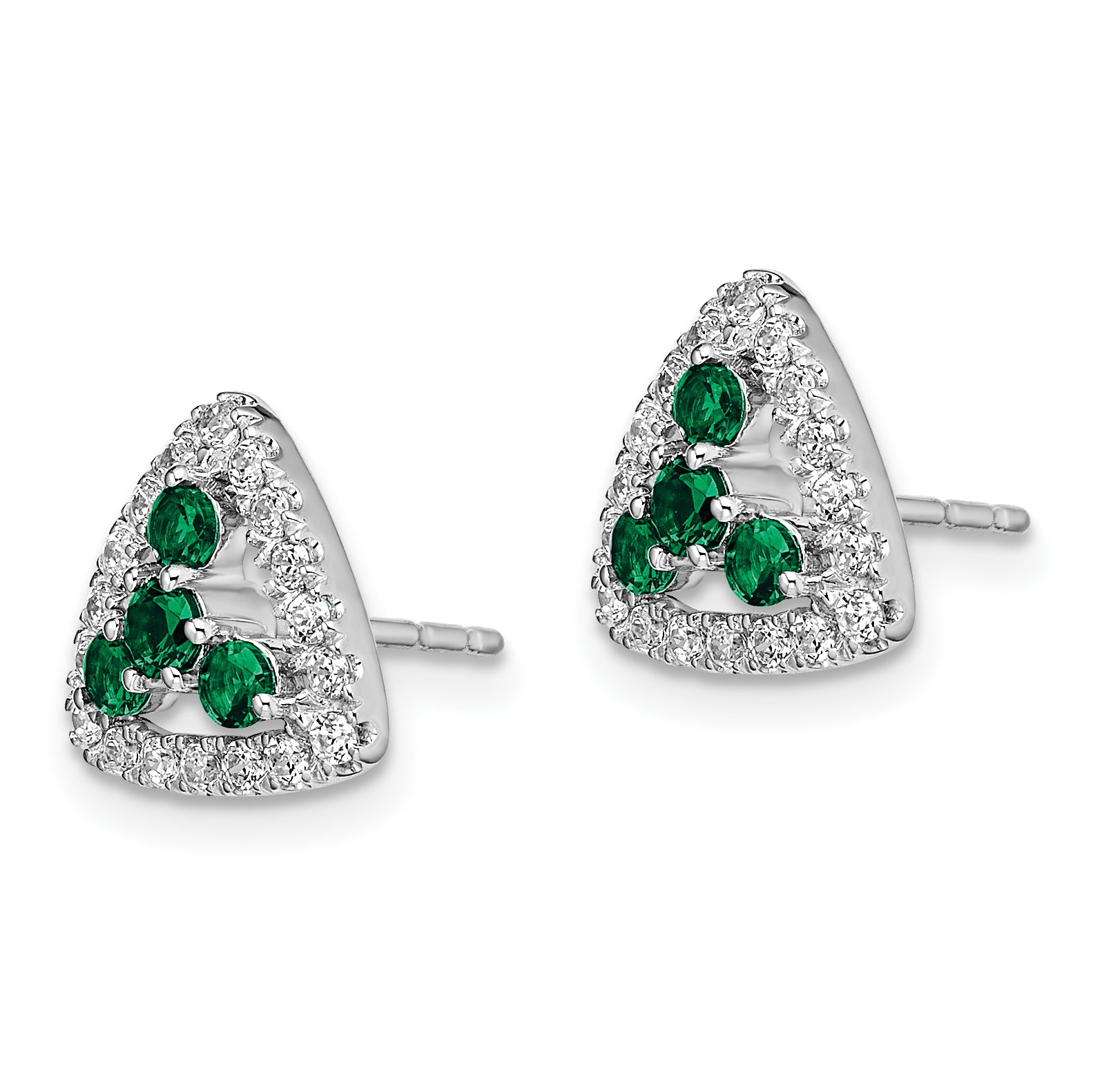14k White Gold 3/8 carat Lab Grown Diamond VS/SI+ G+ and Created Emerald Complete Triangle Post Earrings Secondary image
