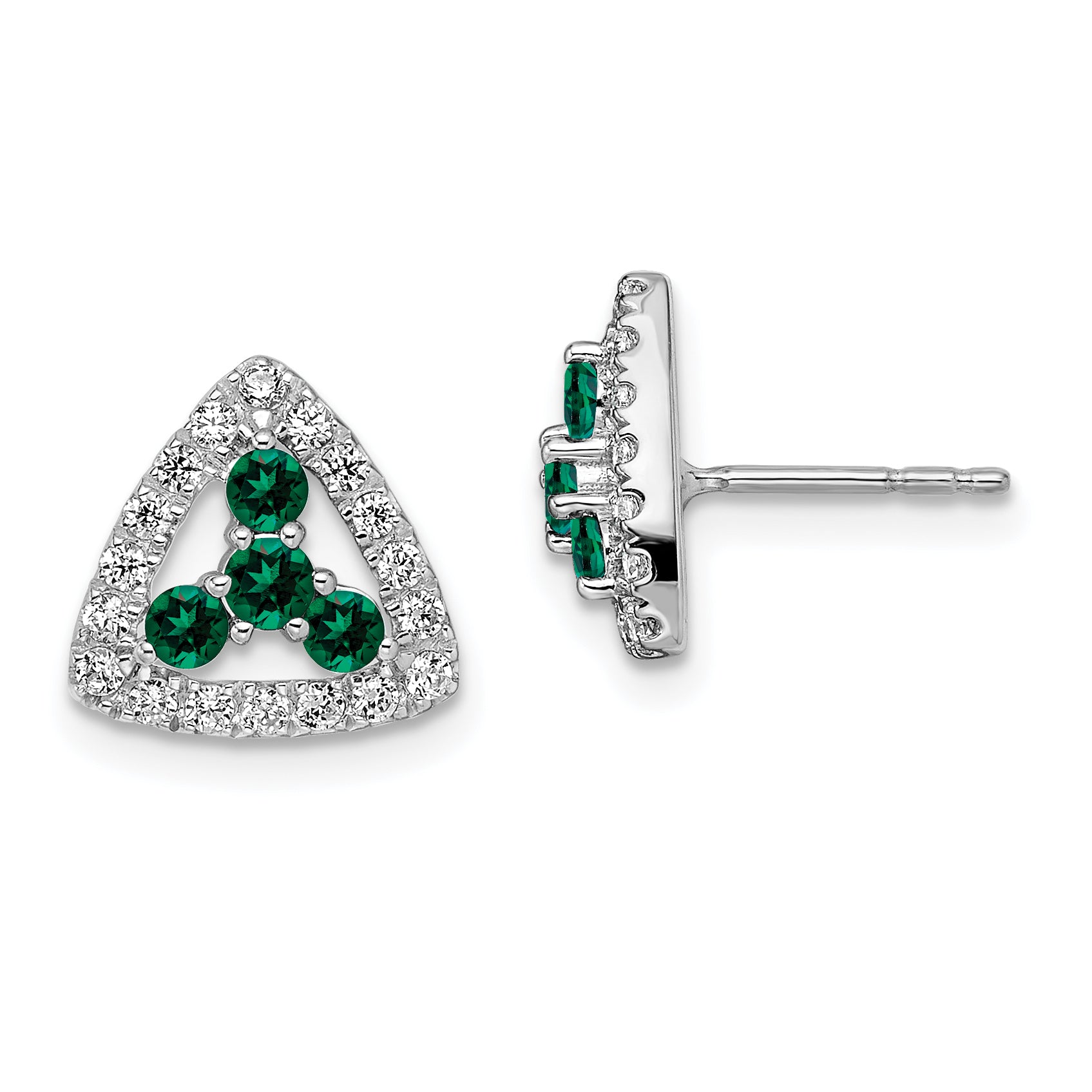 14k White Gold 3/8 carat Lab Grown Diamond VS/SI+ G+ and Created Emerald Complete Triangle Post Earrings Main image