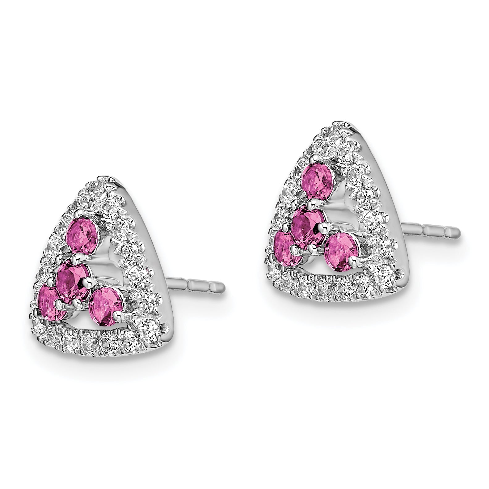 Pure Serenity 14k White Gold 3/8 carat Lab Grown Diamond VS/SI+ G+ and Lab Created Pink Sapphire Triangle Post Earrings Secondary image