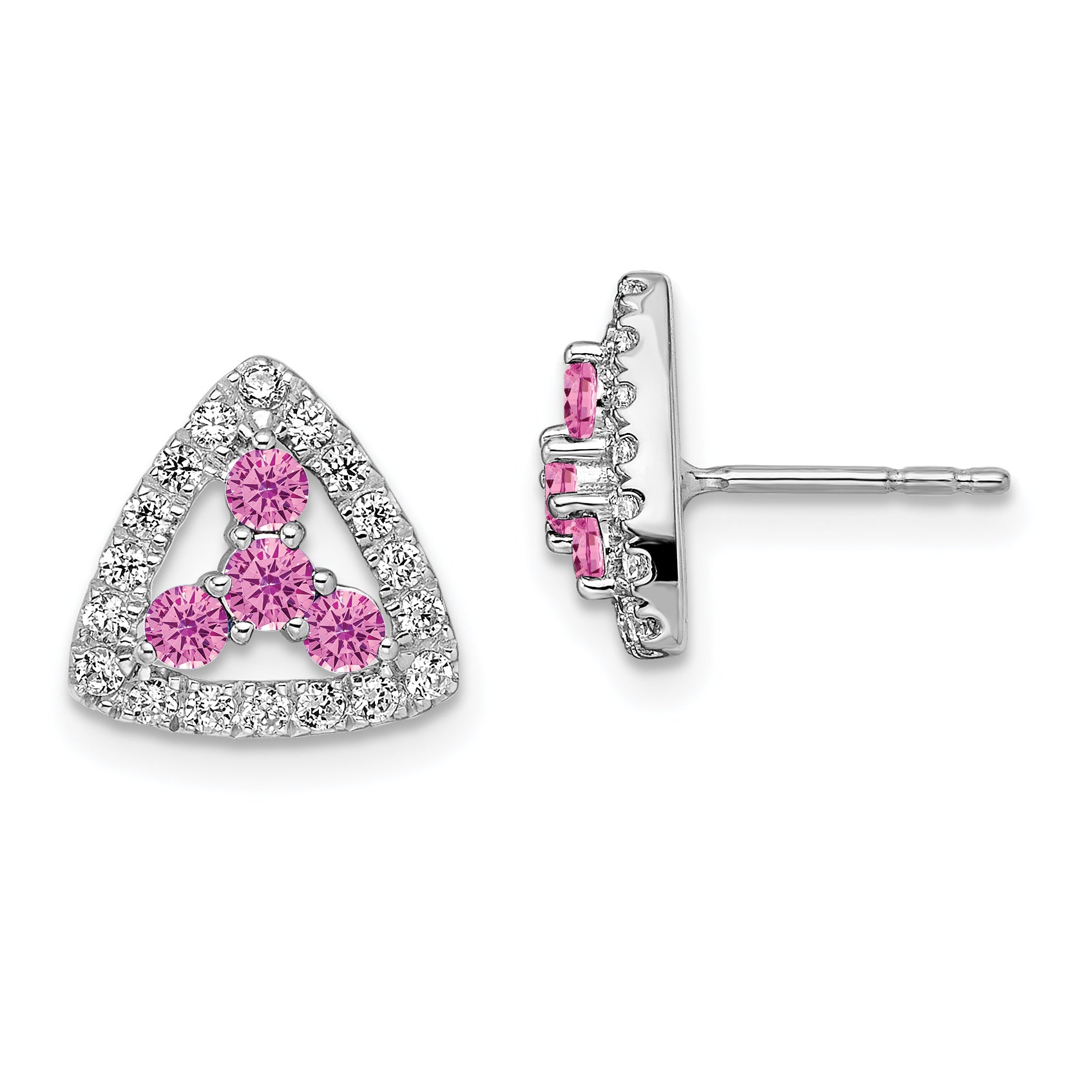 Pure Serenity 14k White Gold 3/8 carat Lab Grown Diamond VS/SI+ G+ and Lab Created Pink Sapphire Triangle Post Earrings Main image