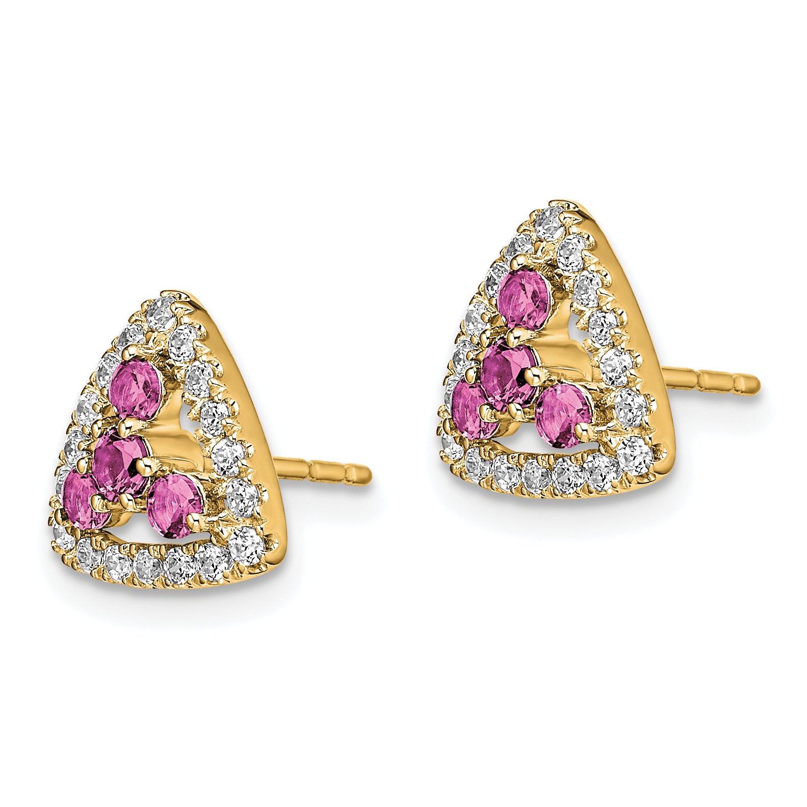 Pure Serenity 14k 3/8 carat Lab Grown Diamond VS/SI+ G+ and Lab Created Pink Sapphire Triangle Post Earrings Secondary image