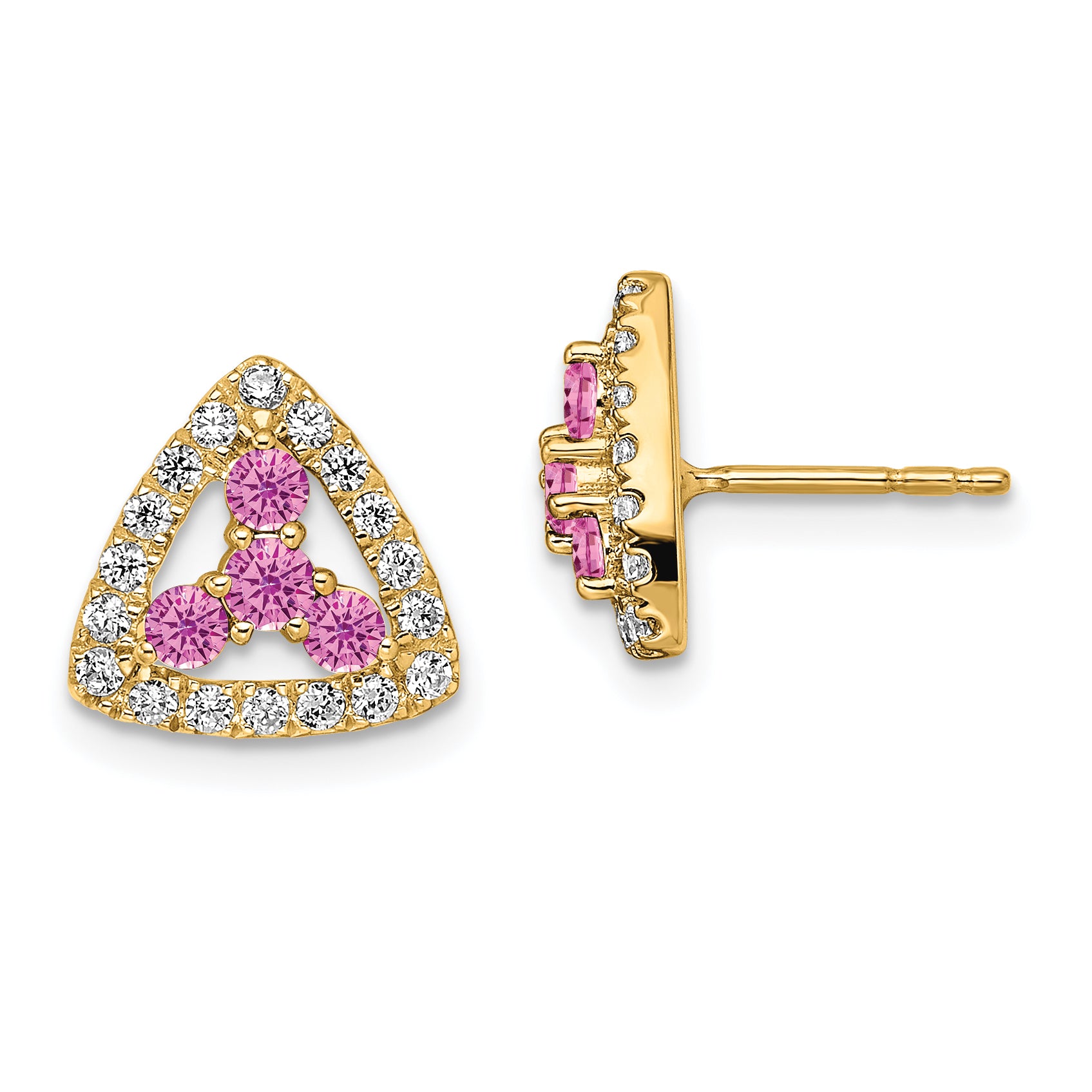 Pure Serenity 14k 3/8 carat Lab Grown Diamond VS/SI+ G+ and Lab Created Pink Sapphire Triangle Post Earrings Main image