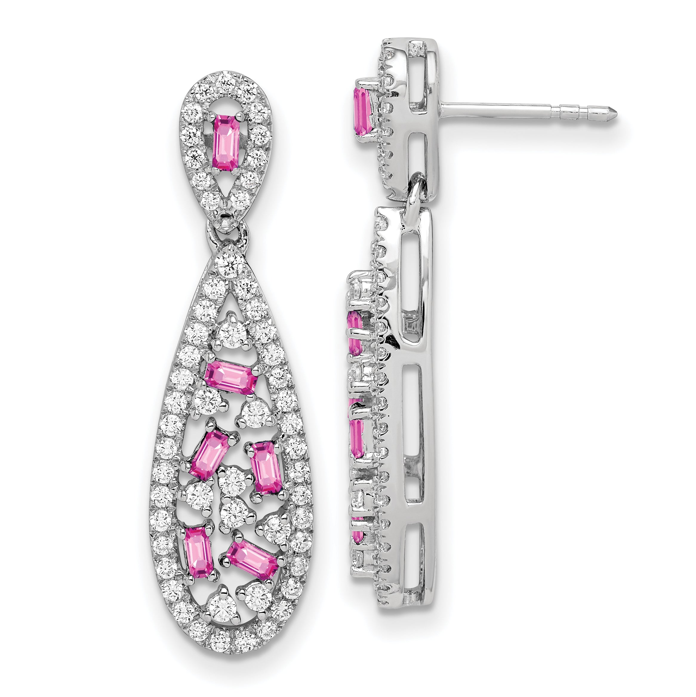 Pure Serenity 14k White Gold 1 carat Lab Grown Diamond VS/SI+ G+ and Lab Created Pink Sapphire Dangle Teardrop Post Earrings Main image