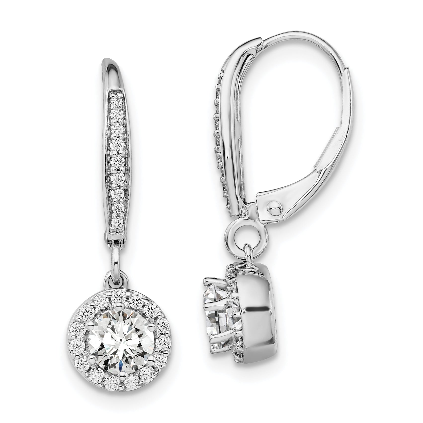 14k White Gold 1 carat Lab Grown Diamond VS/SI+ G+ Complete Round Halo Drop Leverback Earrings Main image