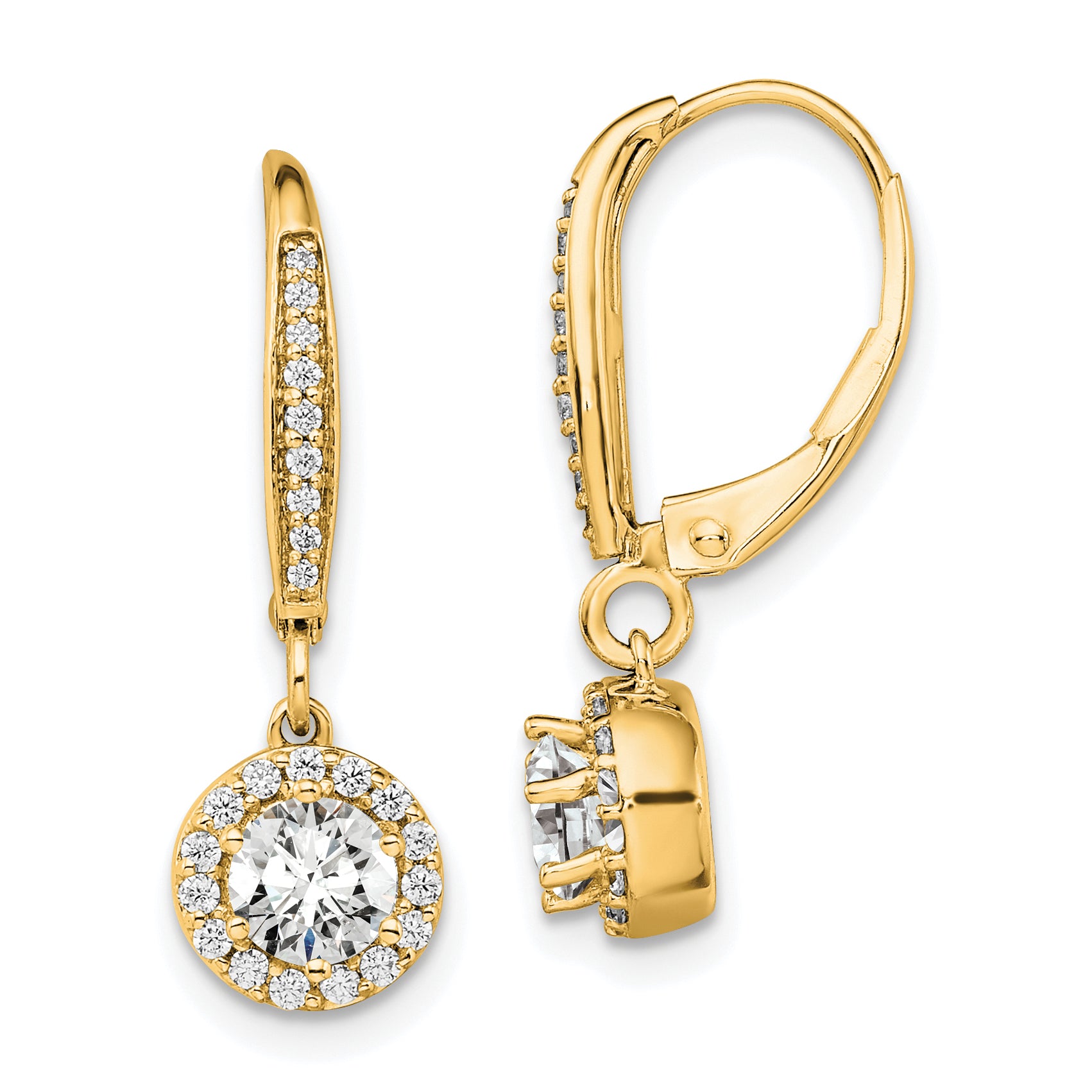 14k 1 carat Lab Grown Diamond VS/SI+ G+ Complete Round Halo Drop Leverback Earrings