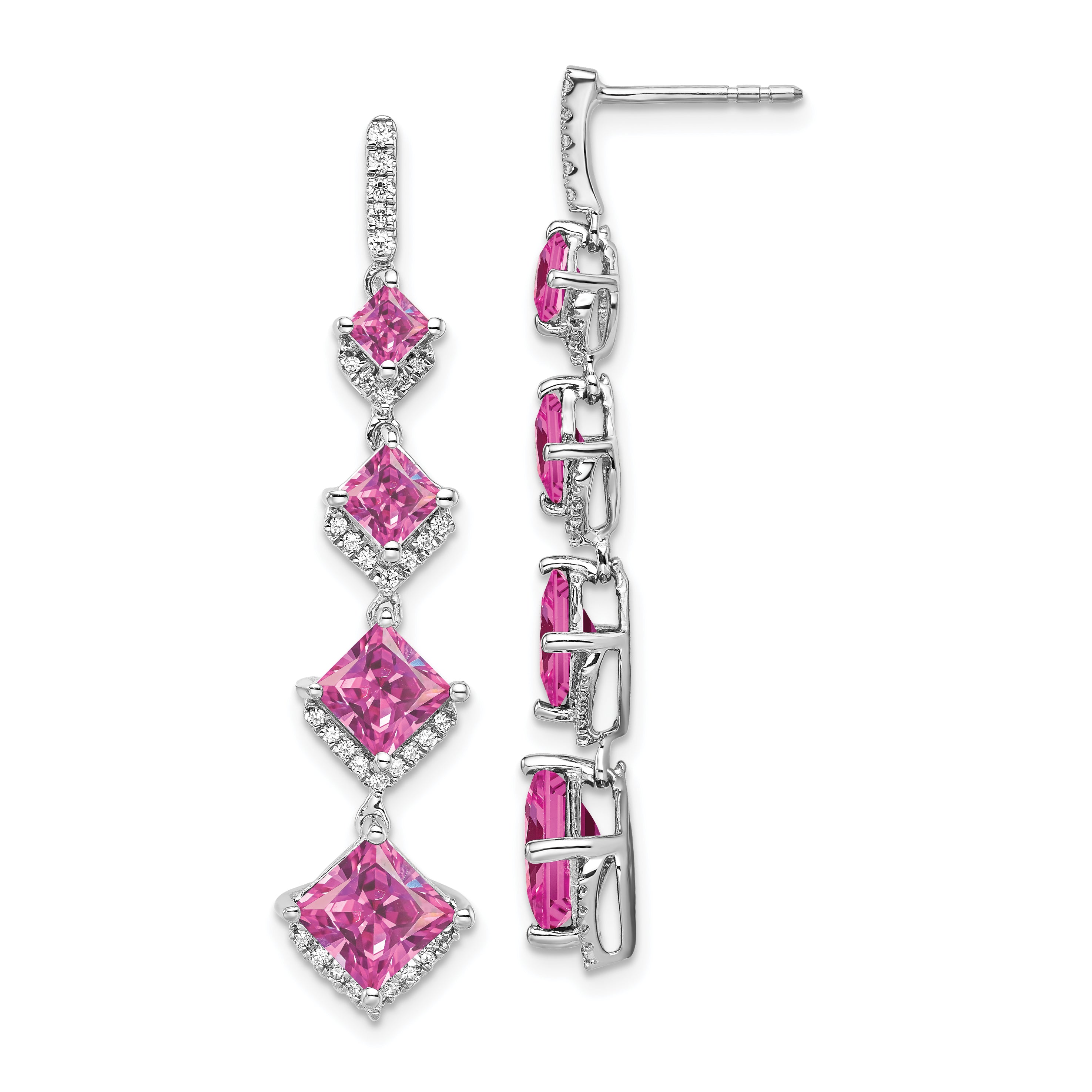 14k White Gold 1/3 carat Lab Grown Diamond VS/SI+ G+ and Lab Created Pink Sapphire Dangle Post Earrings Main image