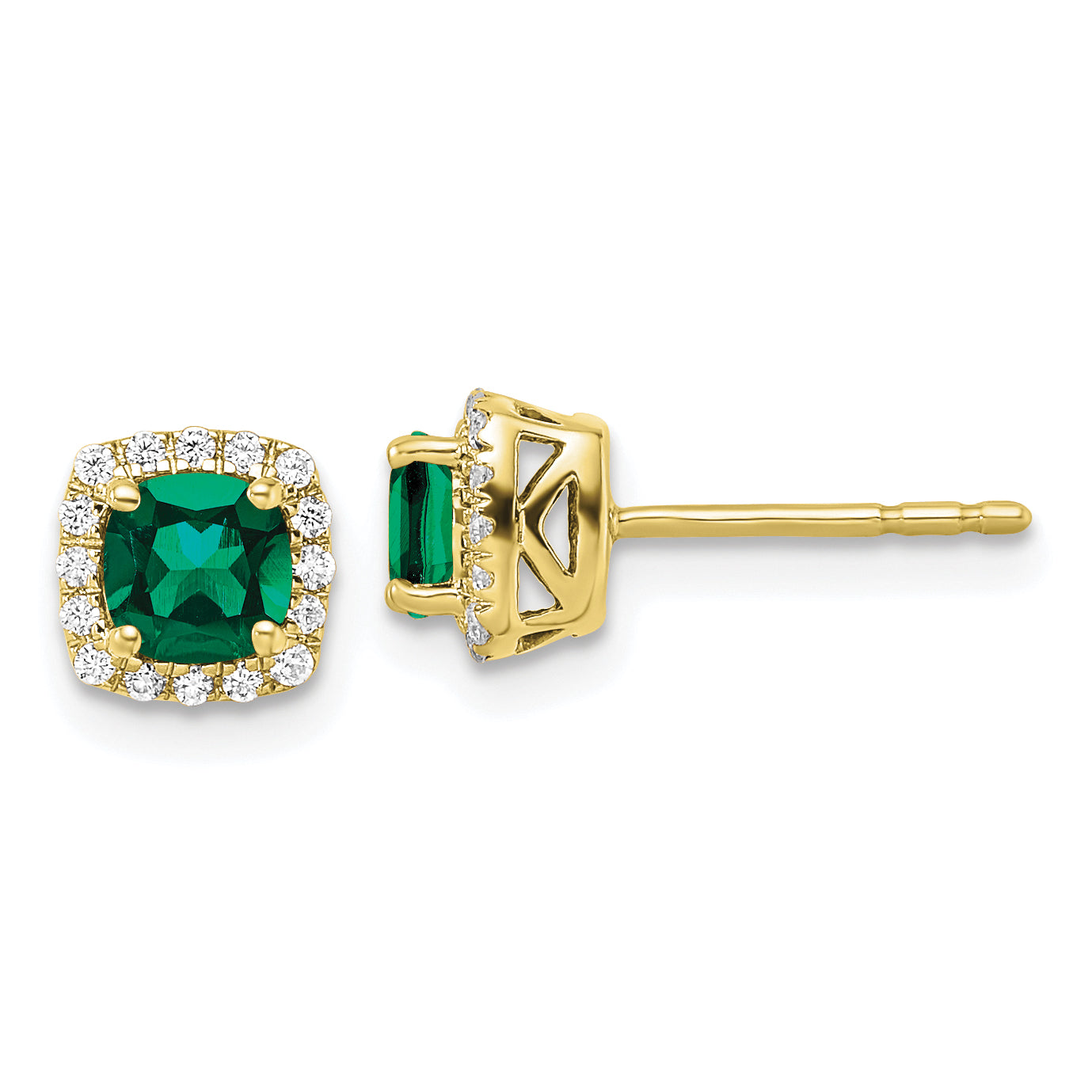 10k 1/10 carat Lab Grown Diamond VS/SI+ G+ and Created Emerald Complete Square Halo Post Earrings Main image