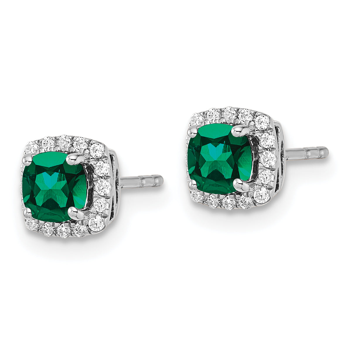 10k White Gold 1/10 carat Lab Grown Diamond VS/SI+ G+ and Created Emerald Complete Square Halo Post Earrings Secondary image