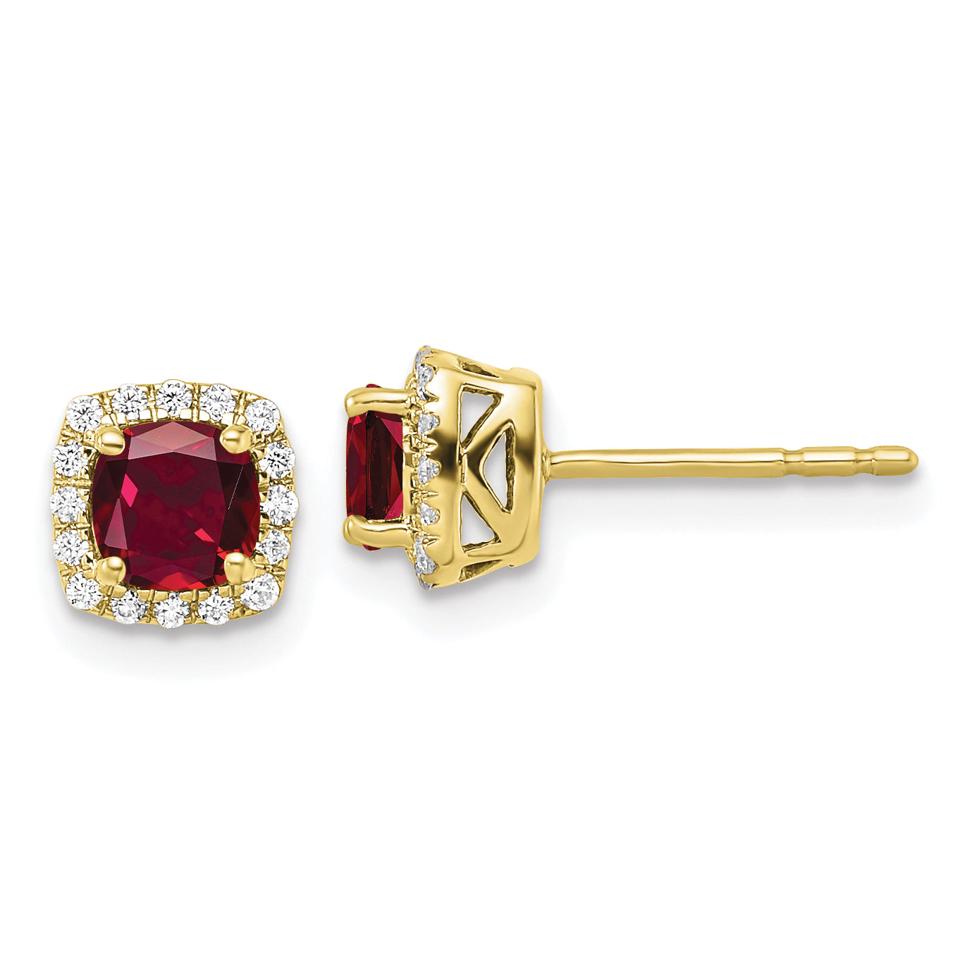 10k 1/10 carat Lab Grown Diamond VS/SI+ G+ and Created Ruby Complete Square Halo Post Earrings Main image