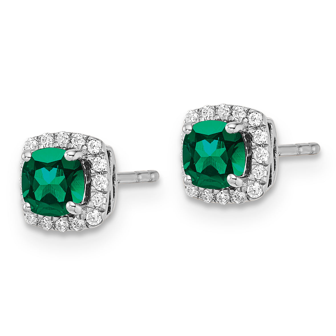 14k White Gold 1/10 carat Lab Grown Diamond VS/SI+ G+ and Created Emerald Complete Square Halo Post Earrings