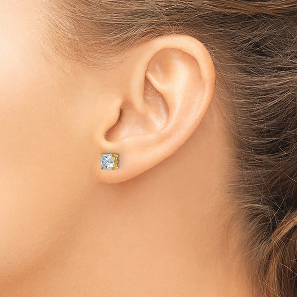 14K Yellow Gold 2 ct Certified Lab-Created Diamond VS+ F+, Cushion-Cut 4-Prong Stud Earrings