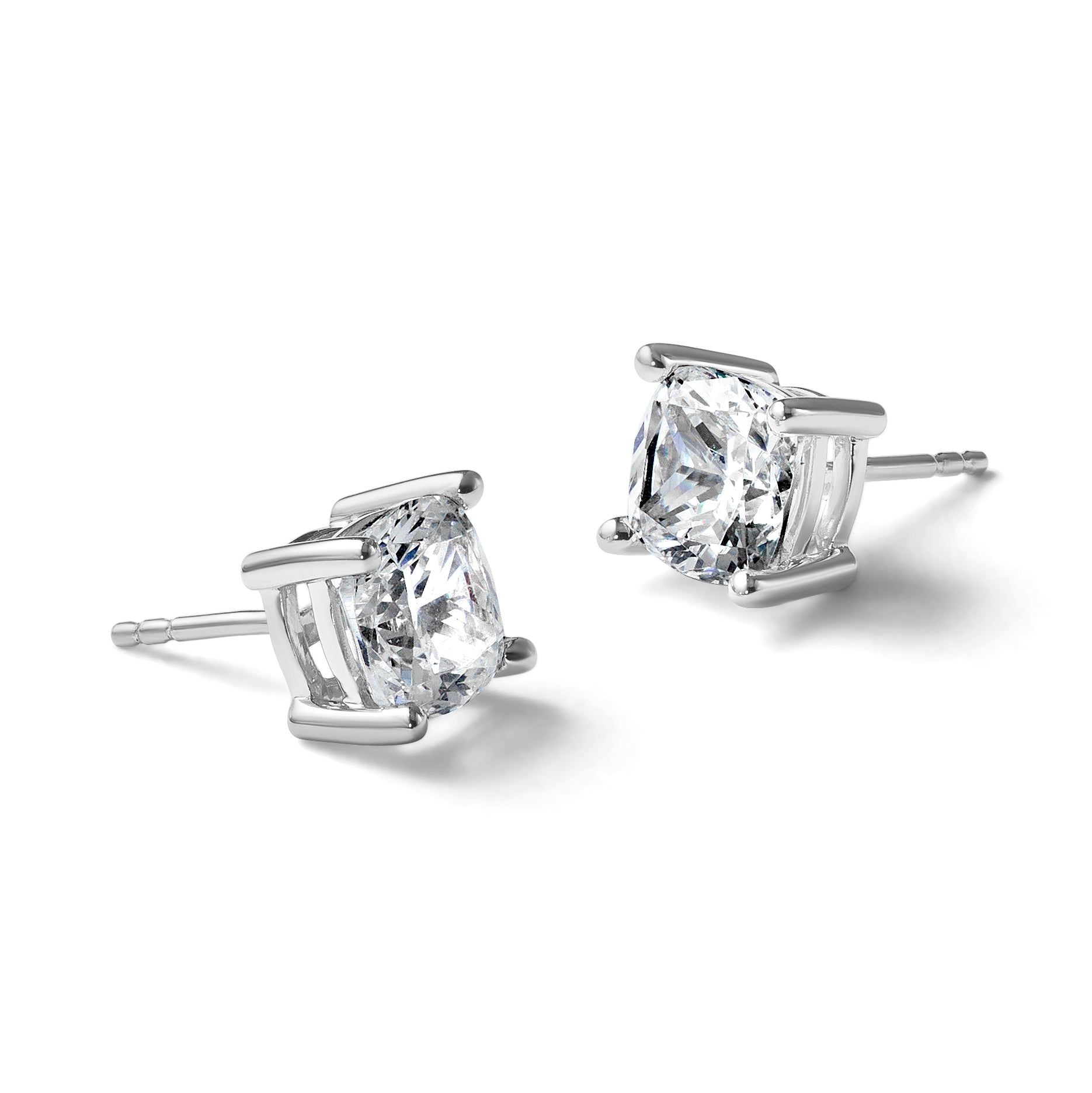14K White Gold 4 ct Certified Lab-Created Diamond VS+ F+, Cushion-Cut 4-Prong Stud Earrings