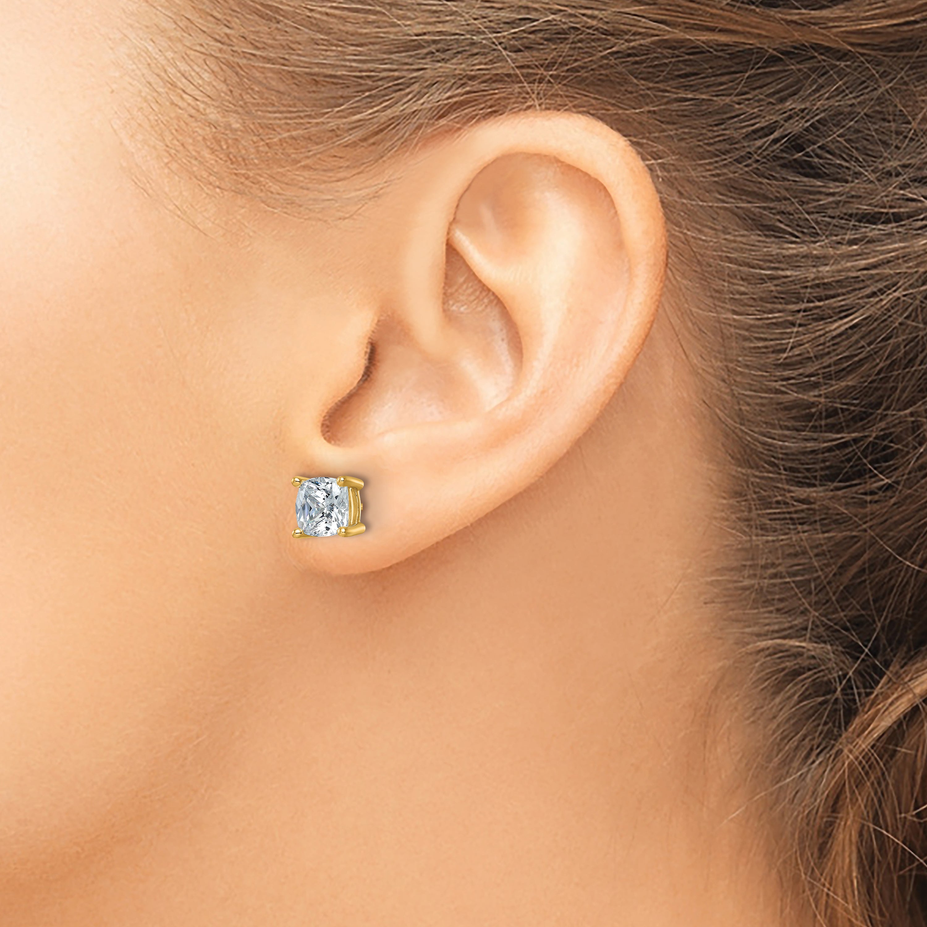 14K Yellow Gold 4 ct Lab-Created Diamond VS+ F+, Cushion-Cut 4-Prong Stud Earrings