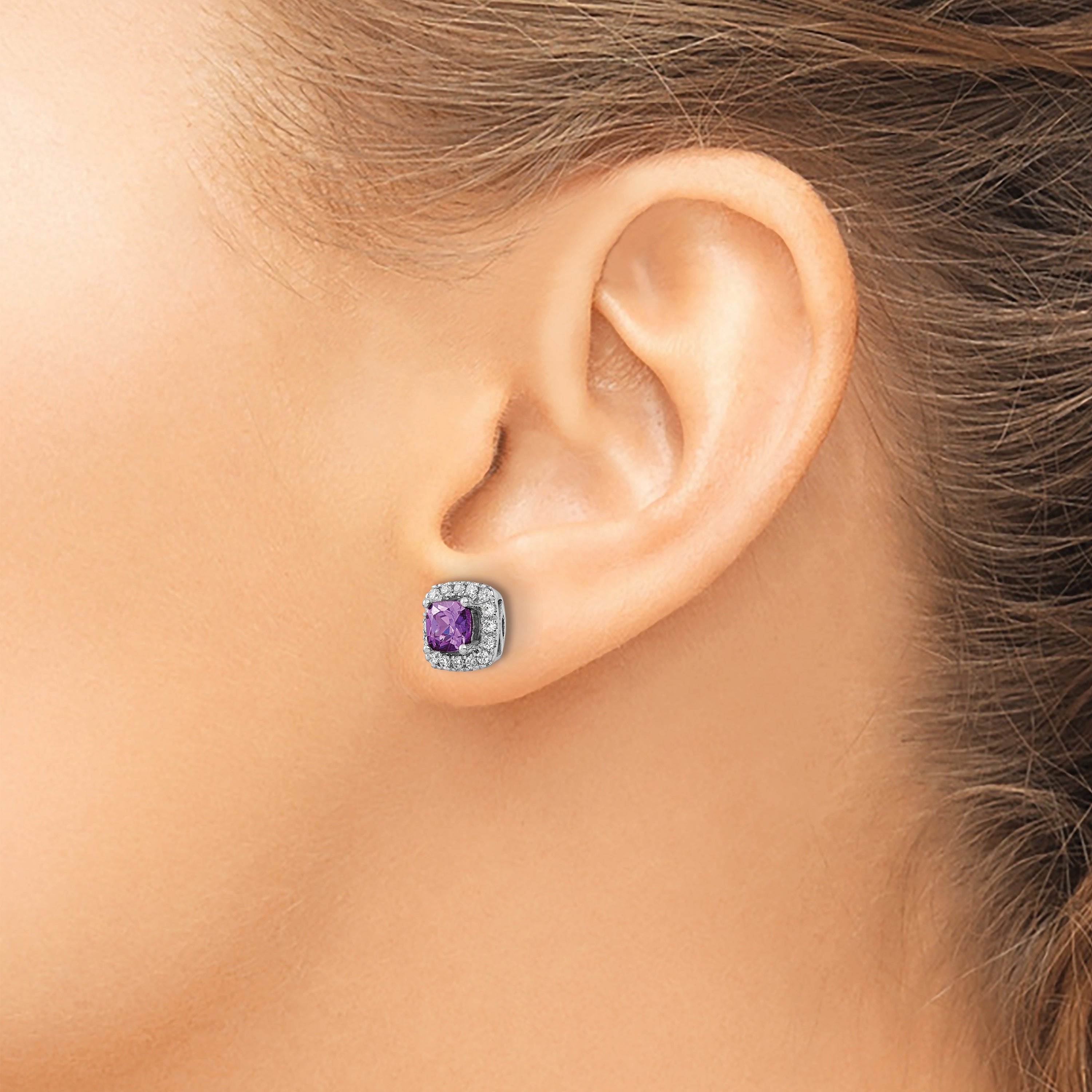14k White Gold 3/8 carat Lab Grown Diamond VS/SI+ G+ February Birthstone Amethyst Halo Post Earrings