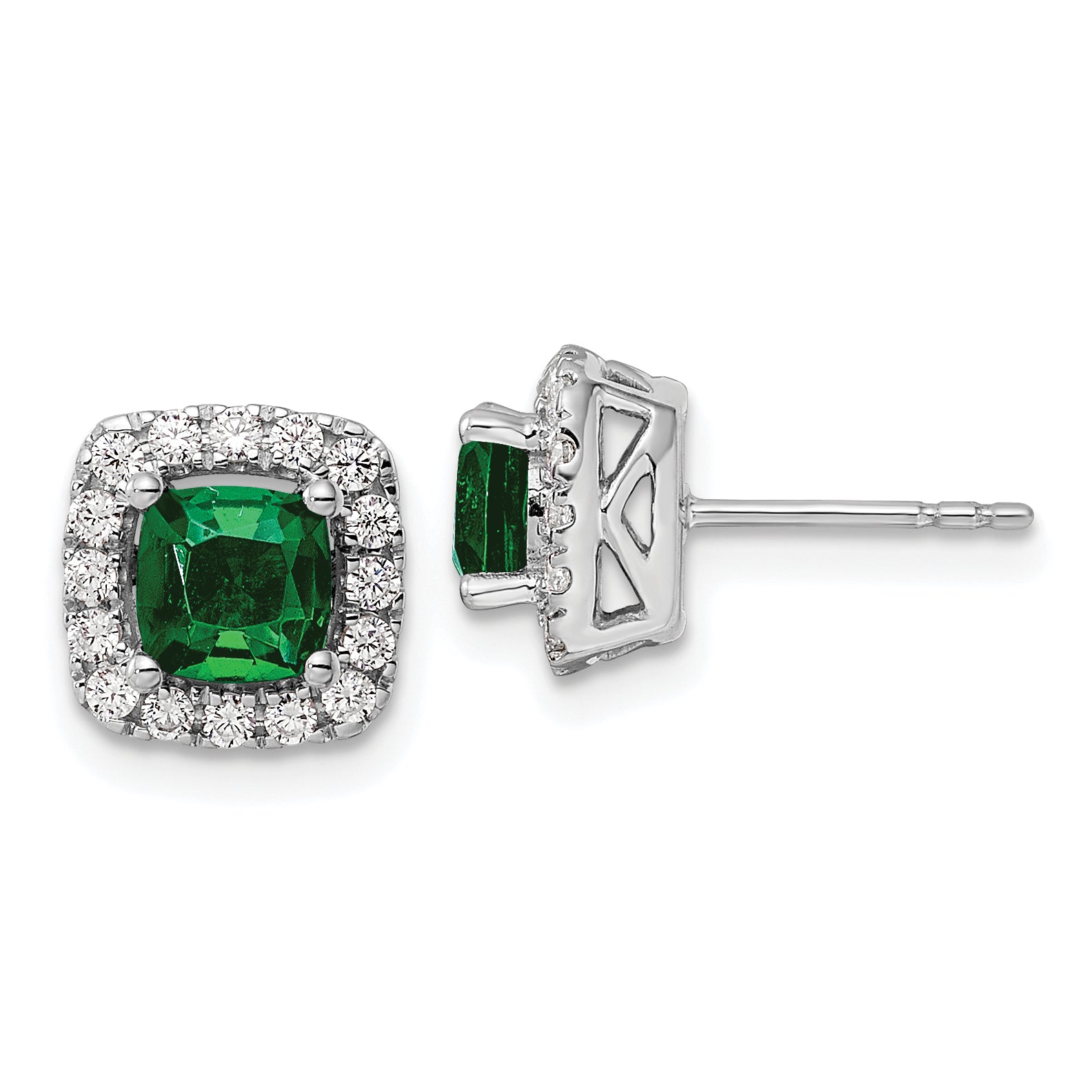 14k White Gold 3/8 carat Lab Grown Diamond VS/SI+ G+ May Birthstone Lab Created Emerald Halo Post Earrings Main image