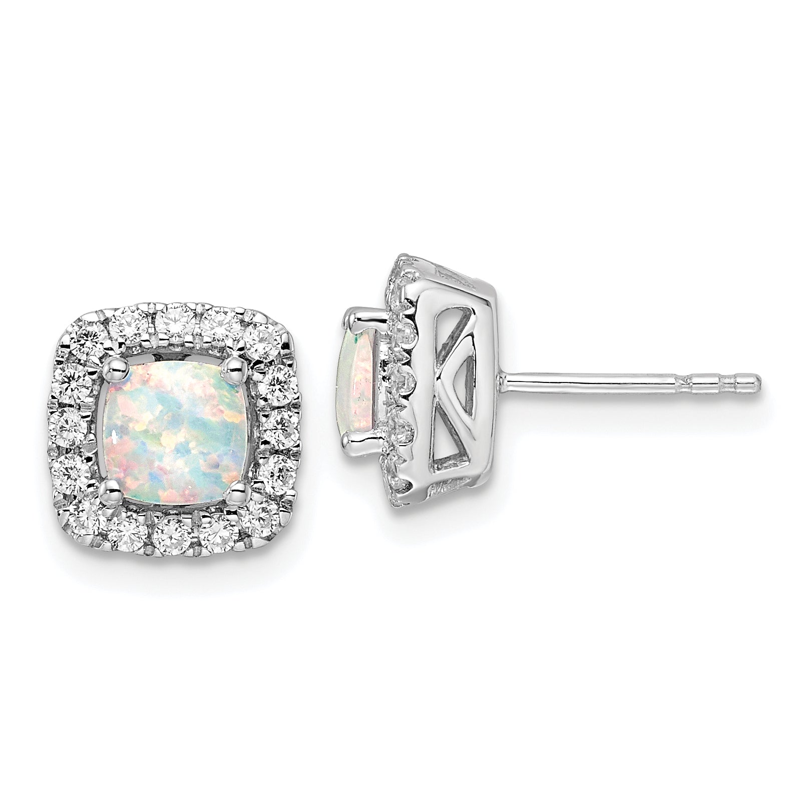 14k White Gold 3/8 carat Lab Grown Diamond VS/SI+ G+ October Birthstone Lab Created Opal Halo Post Earrings Main image