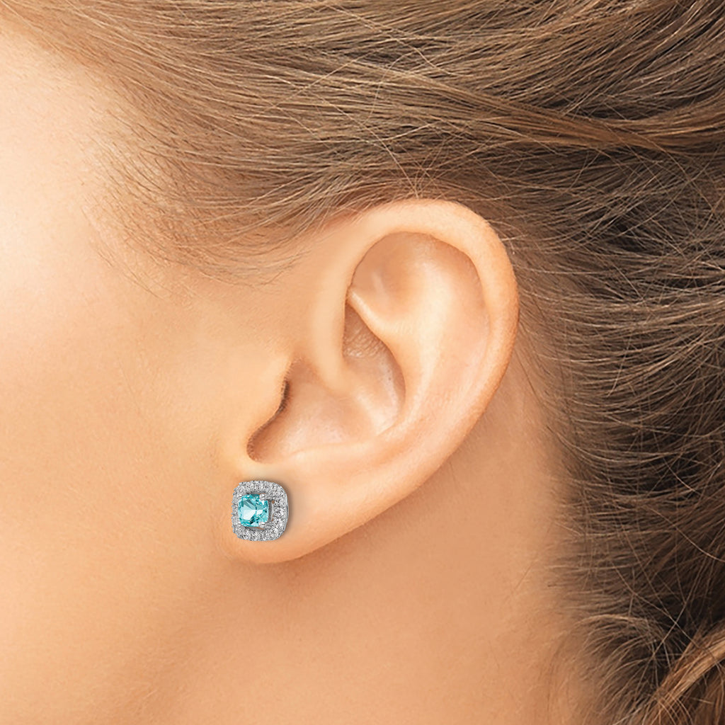 Pure Serenity 14k White Gold 3/8 carat Lab Grown Diamond VS/SI+ G+ and Lab Created Paraiba Halo Post Earrings