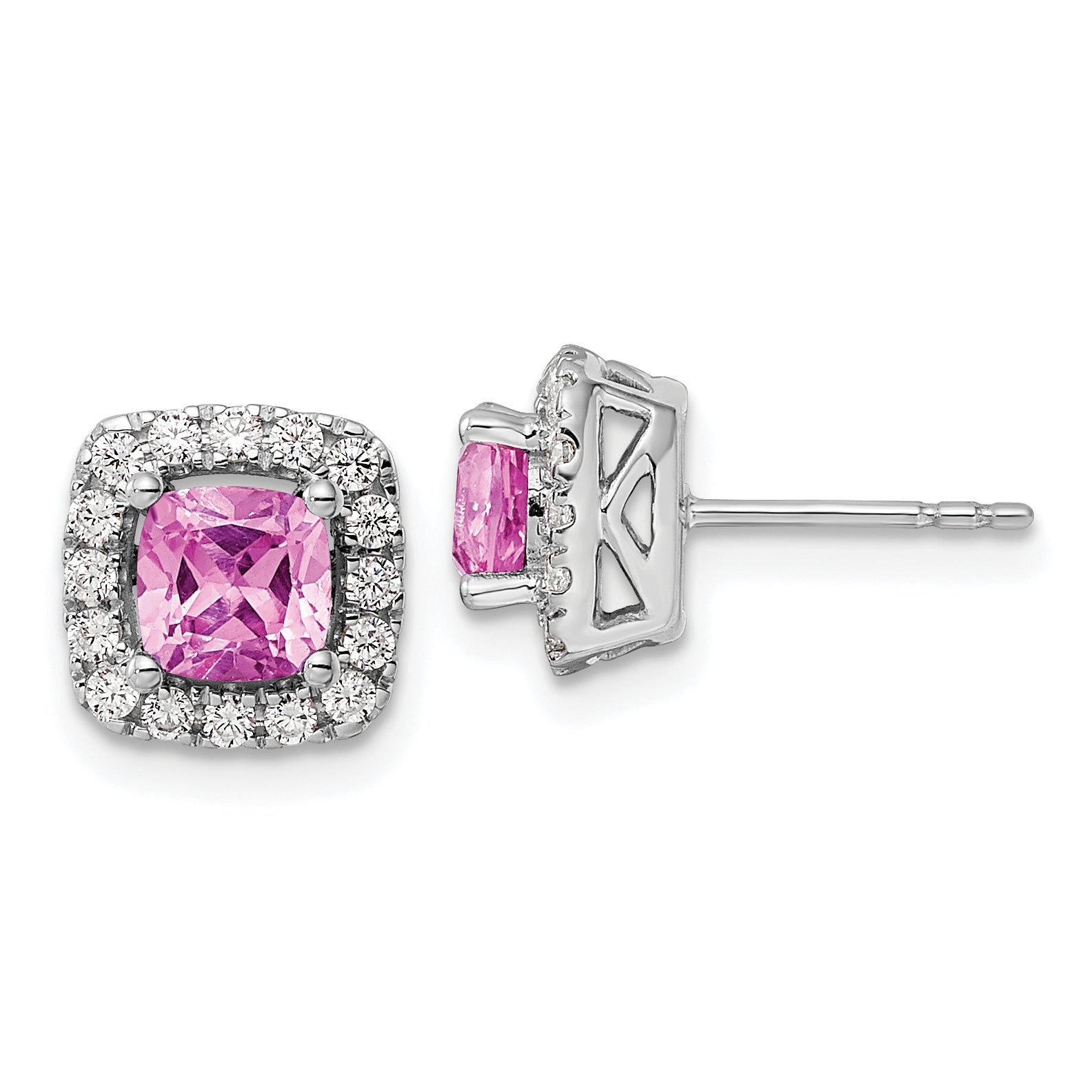 14k White Gold 3/8 carat Lab Grown Diamond VS/SI+ G+ October Birthstone Lab Created Pink Sapphire Halo Post Earrings Main image