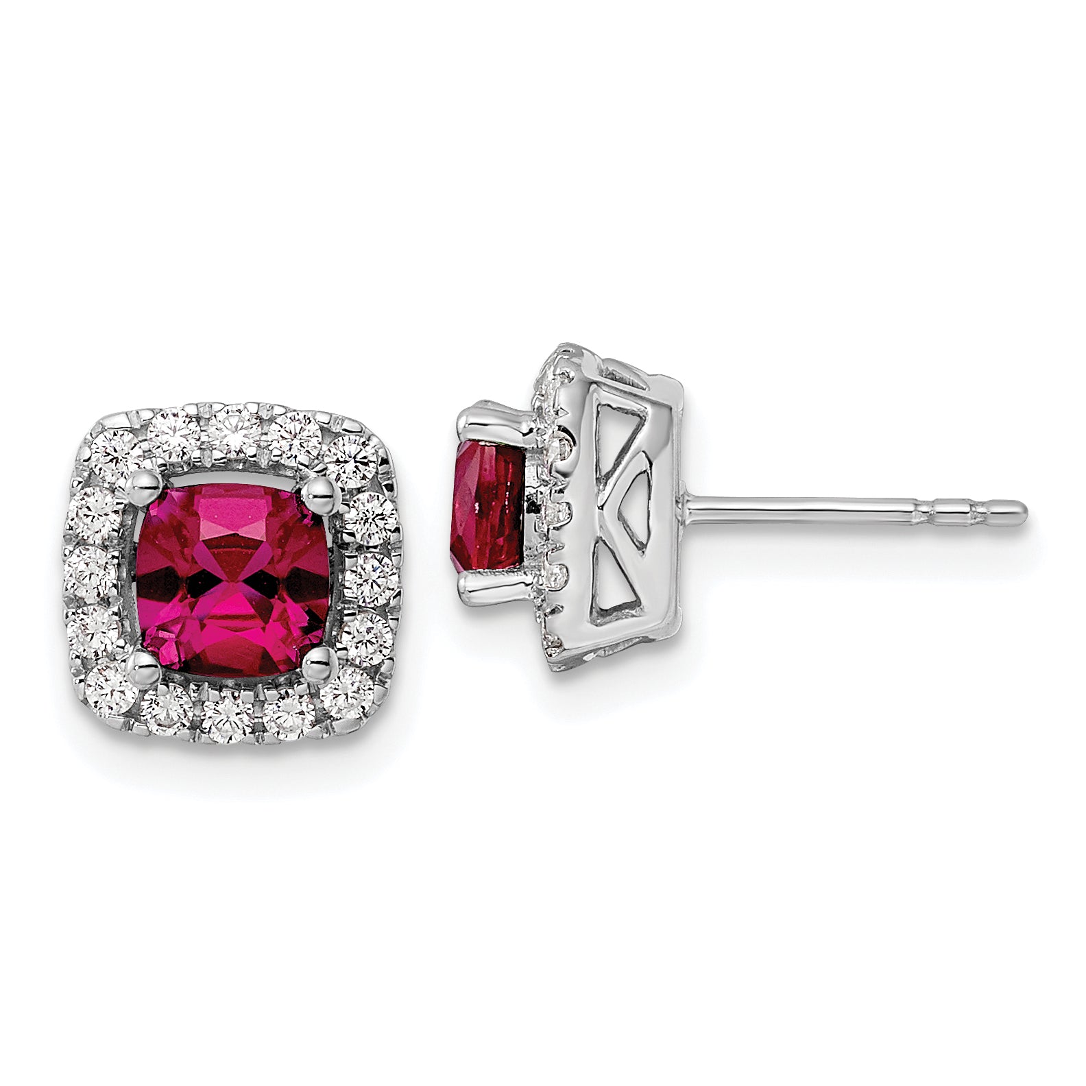 14k White Gold 3/8 carat Lab Grown Diamond VS/SI+ G+ July Birthstone Lab Created Ruby Halo Post Earrings Main image