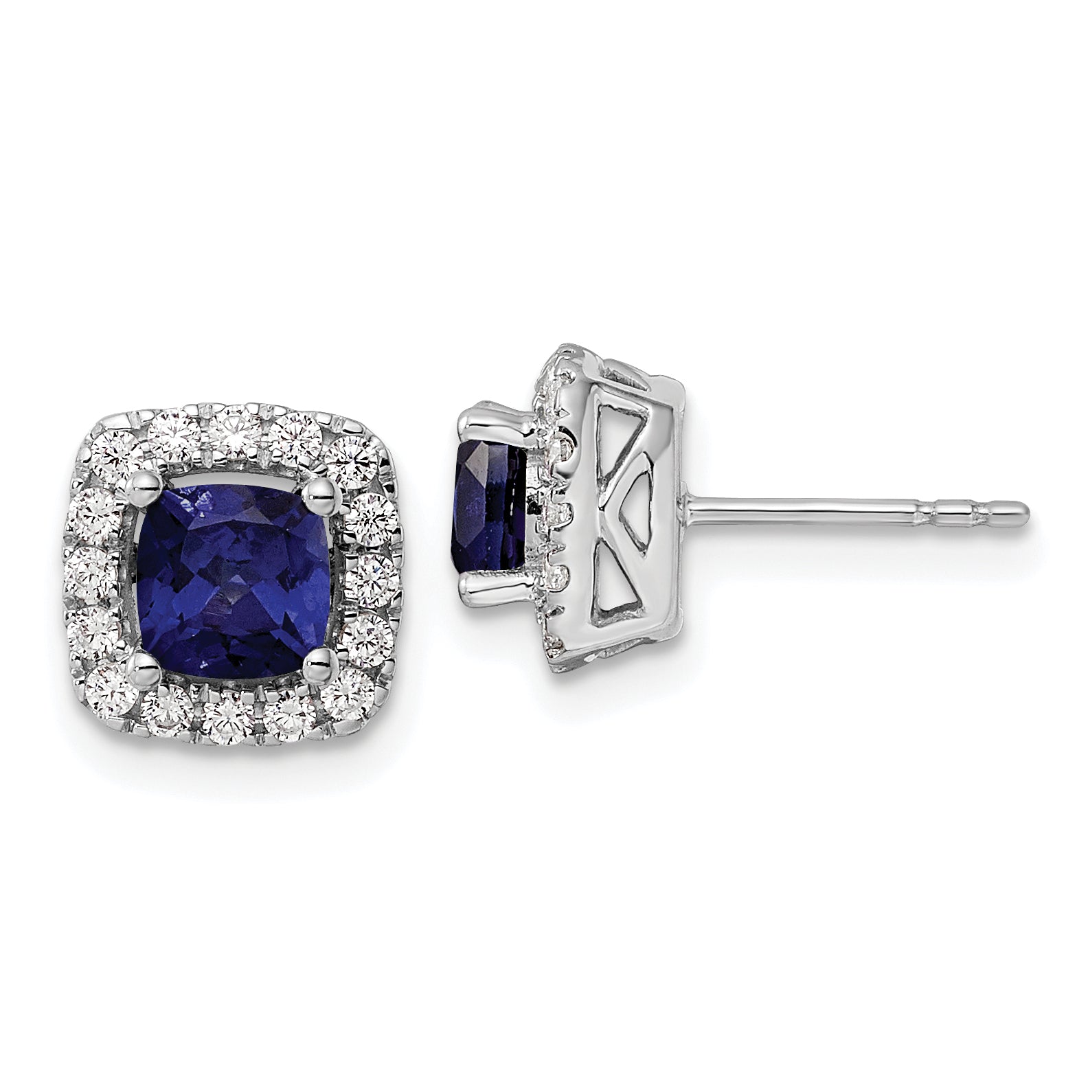 14k White Gold 3/8 carat Lab Grown Diamond VS/SI+ G+ September Birthstone Lab Created Blue Sapphire Halo Post Earrings Main image