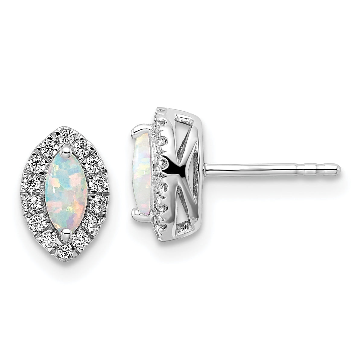 14k White Gold 1/5 carat Lab Grown Diamond VS/SI+ G+ and Lab Created Opal October Birthstone Post Earrings