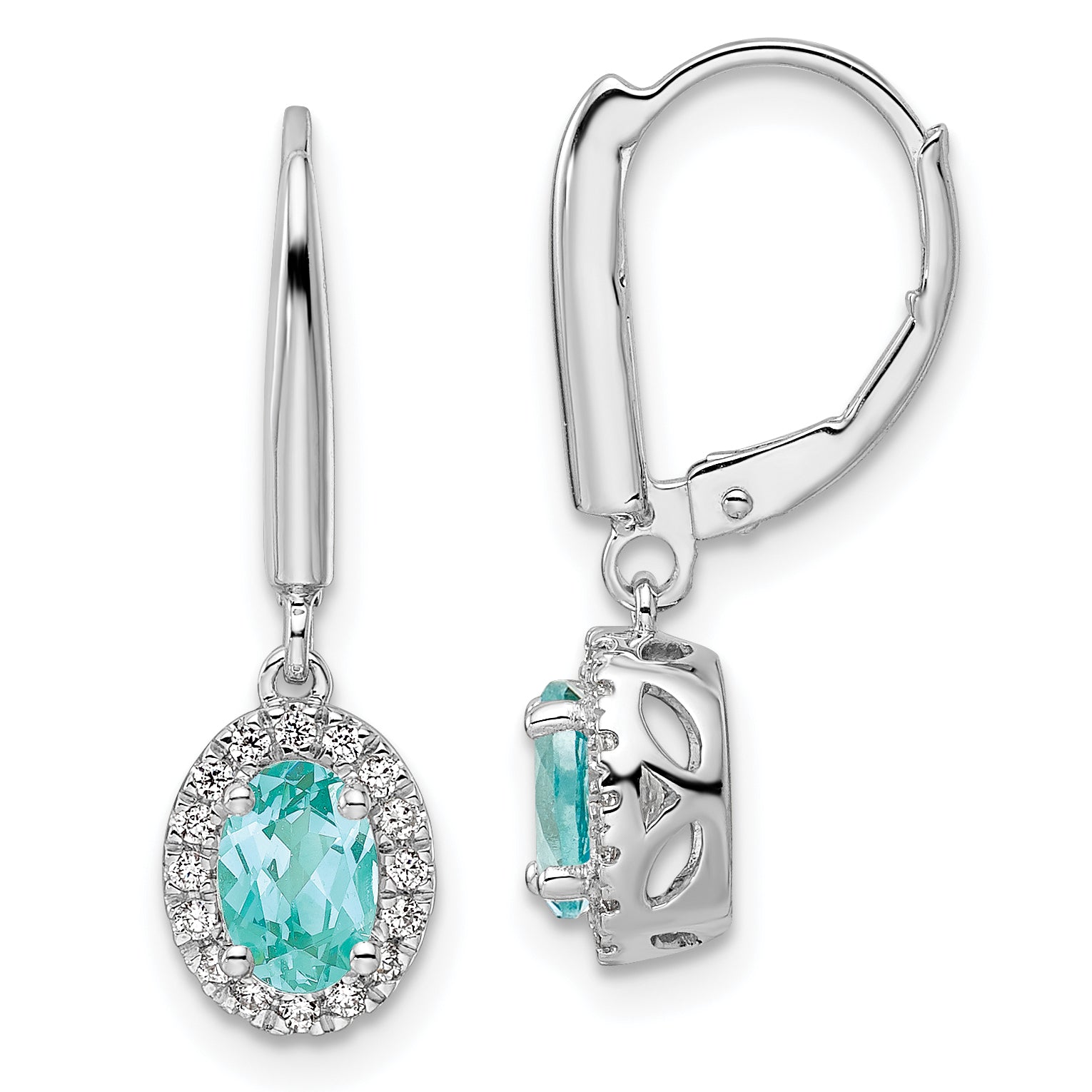 Pure Serenity 14k White Gold 1/5 carat Lab Grown Diamond VS/SI+ G+ and Lab Created Paraiba Leverback Dangle Earrings Main image