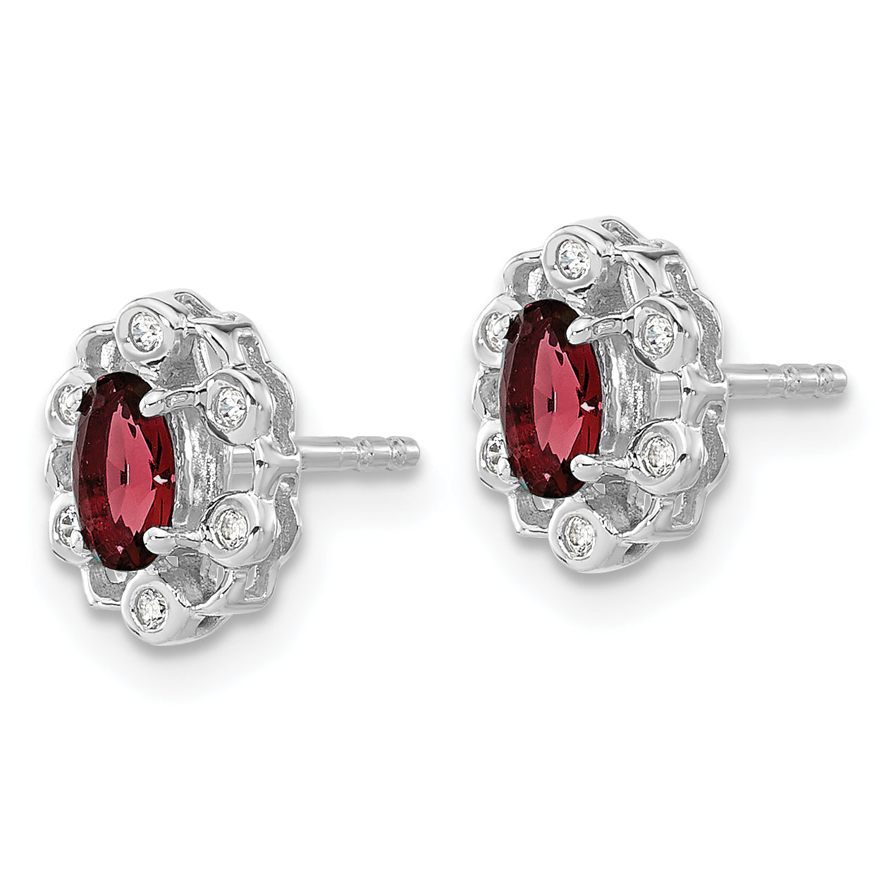 14k White Gold 1/20 carat Lab Grown Diamond VS/SI+ G+ and Oval Created Ruby Complete Halo Post Earrings Secondary image