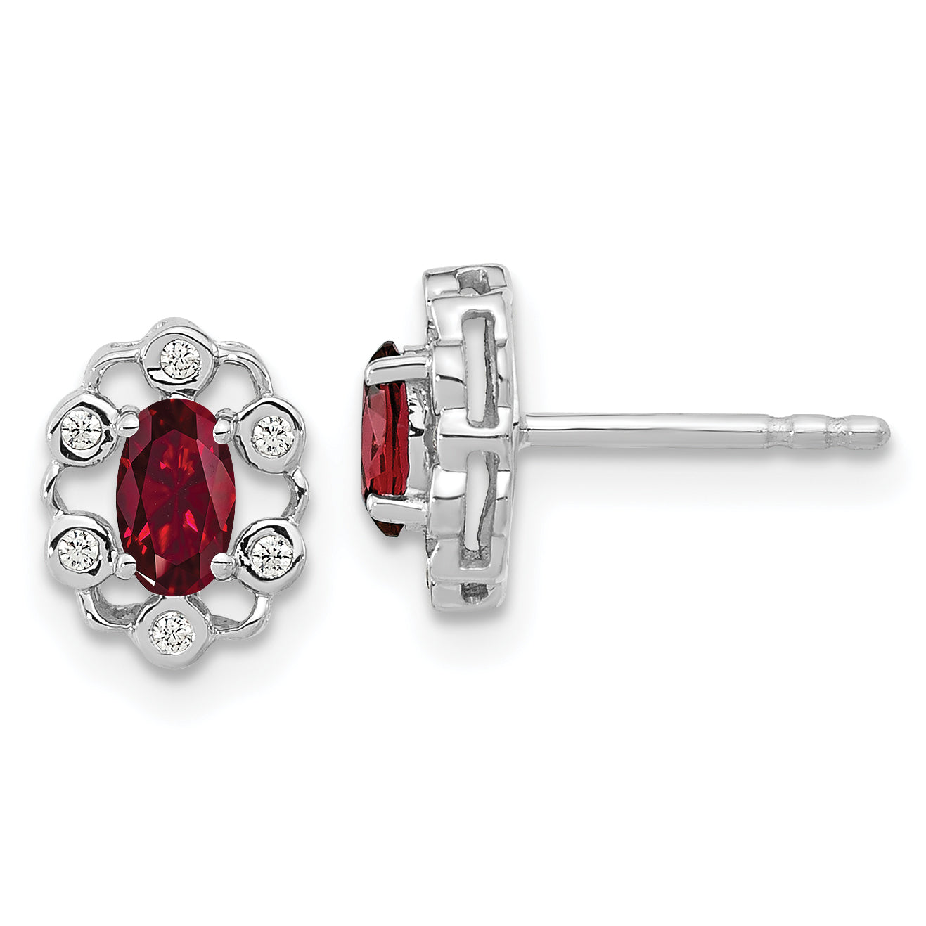 14k White Gold 1/20 carat Lab Grown Diamond VS/SI+ G+ and Oval Created Ruby Complete Halo Post Earrings Main image