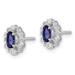 14k White Gold 1/20 carat Lab Grown Diamond VS/SI+ G+ and Oval Created Sapphire Halo Post Earrings