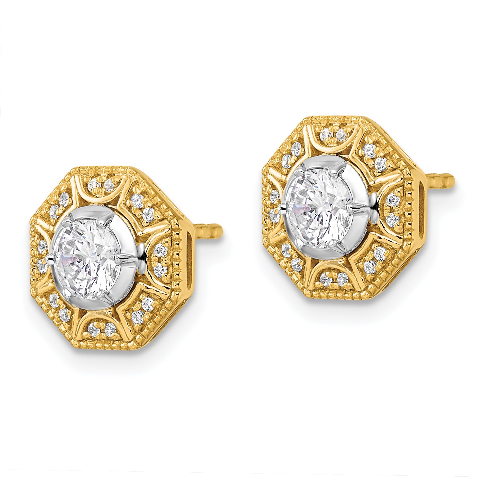 14k Two Tone 3/4 carat Lab Grown Diamond VS/SI+ G+ Octogon Halo Post Earrings Secondary image