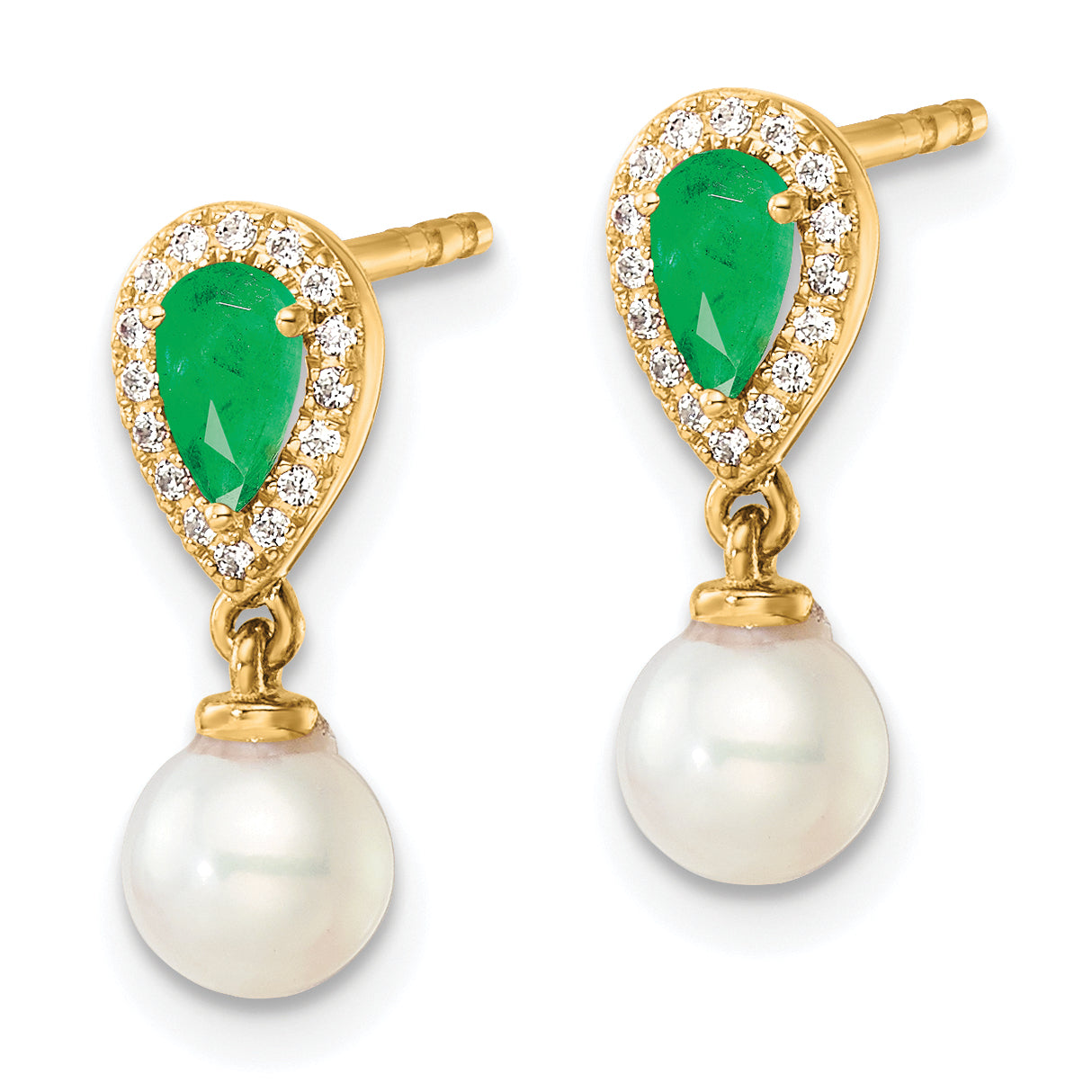14K Polished Diamond Pearl and Emerald Dangle Post Earrings Secondary image