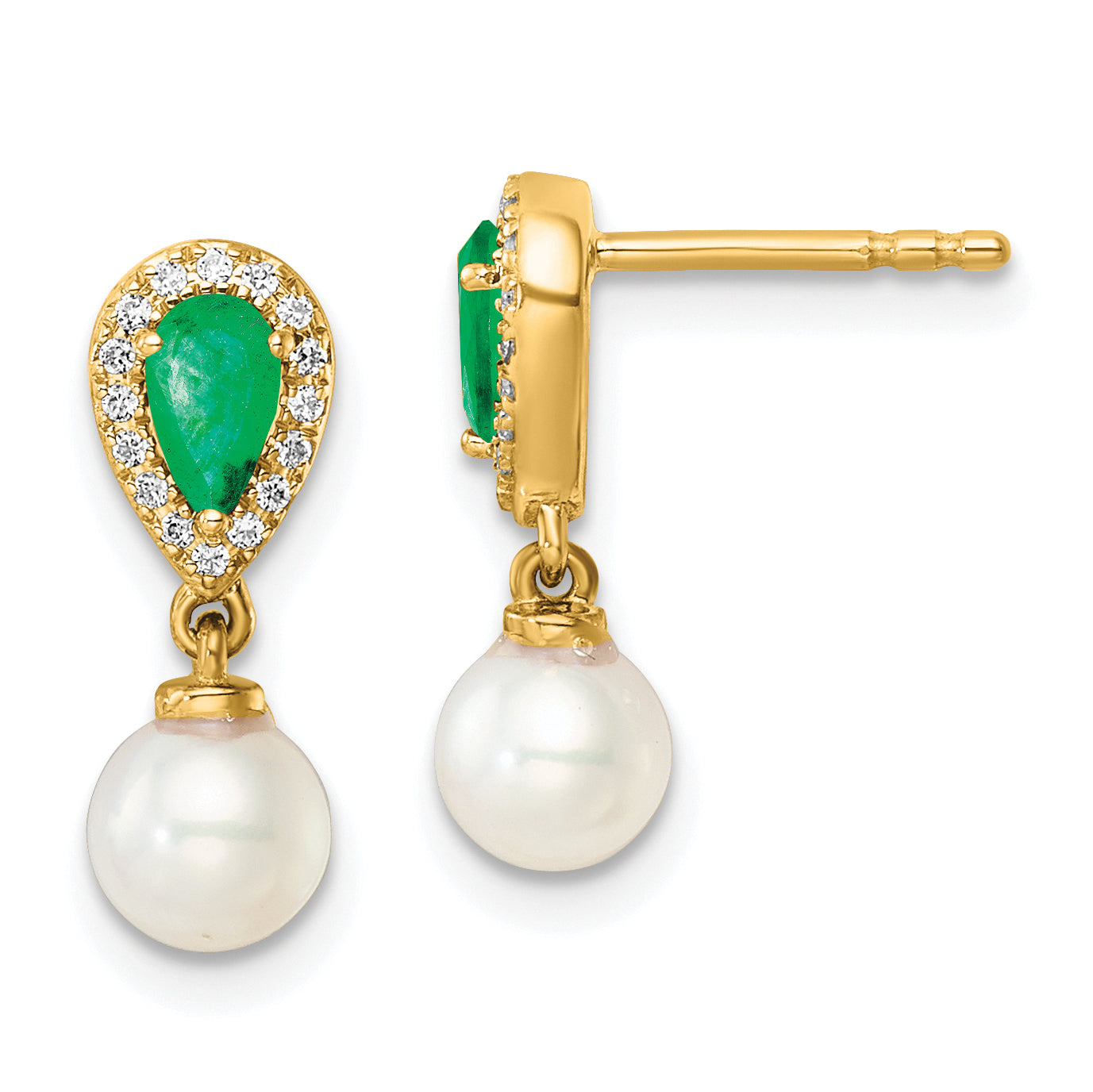 14K Polished Diamond Pearl and Emerald Dangle Post Earrings Main image