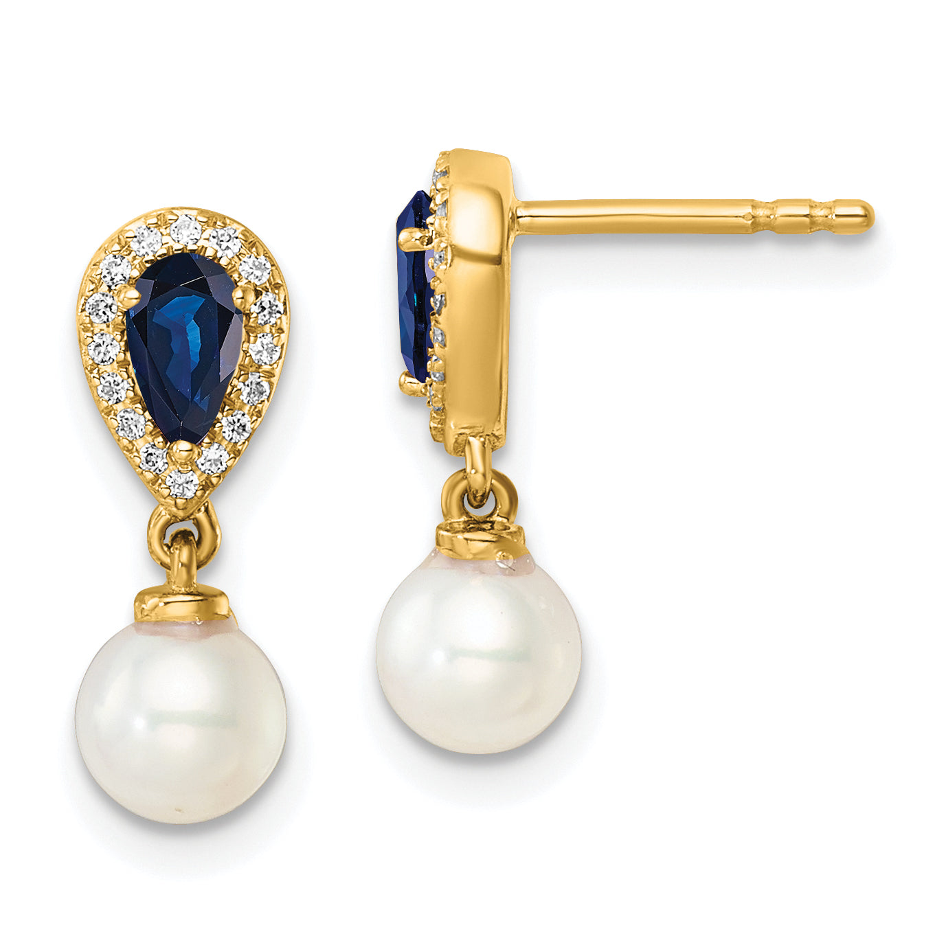 14K Polished Diamond Pearl and Sapphire Dangle Post Earrings Main image